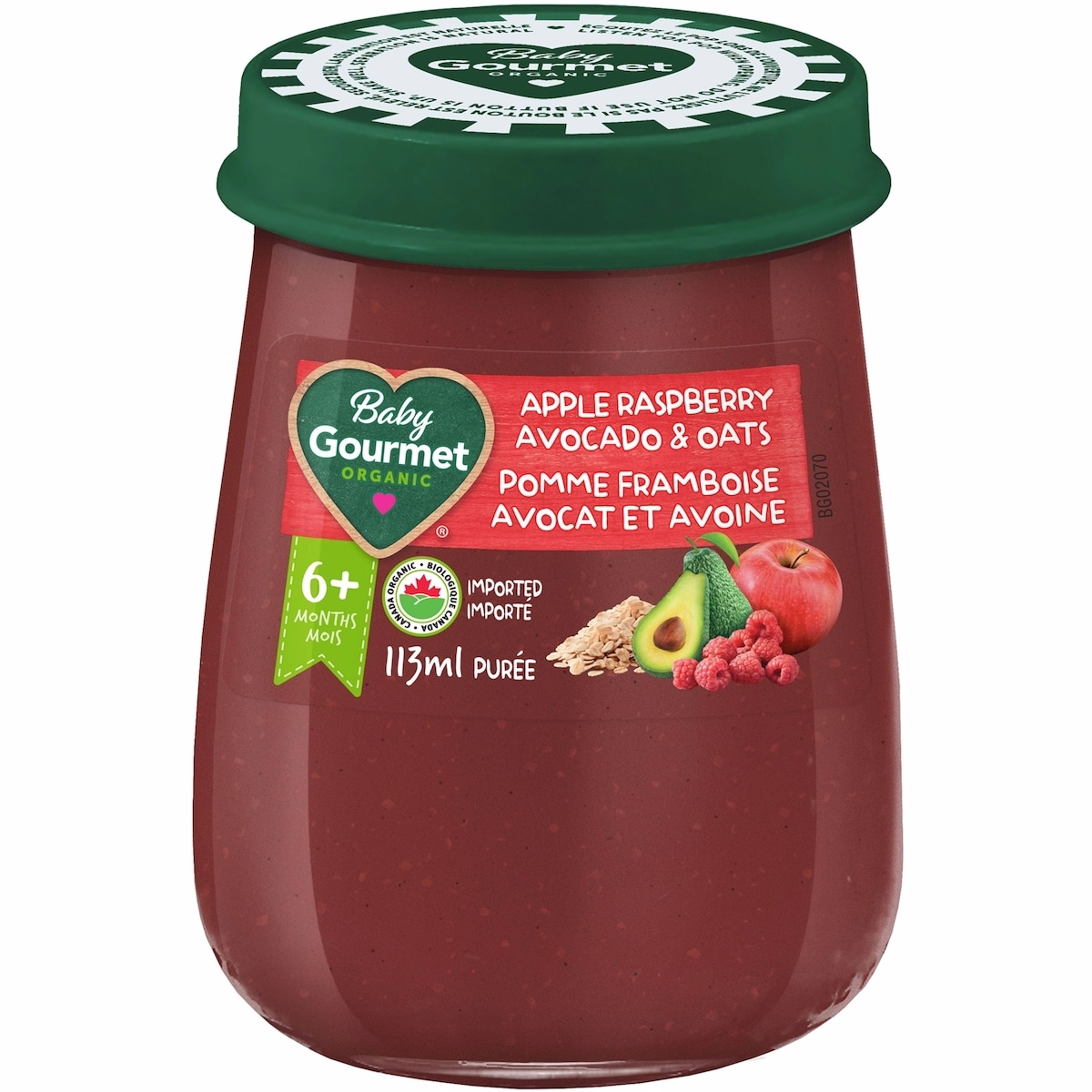 Pot de purée biologique pour bébé Pomme Framboise Avocat et Avoine