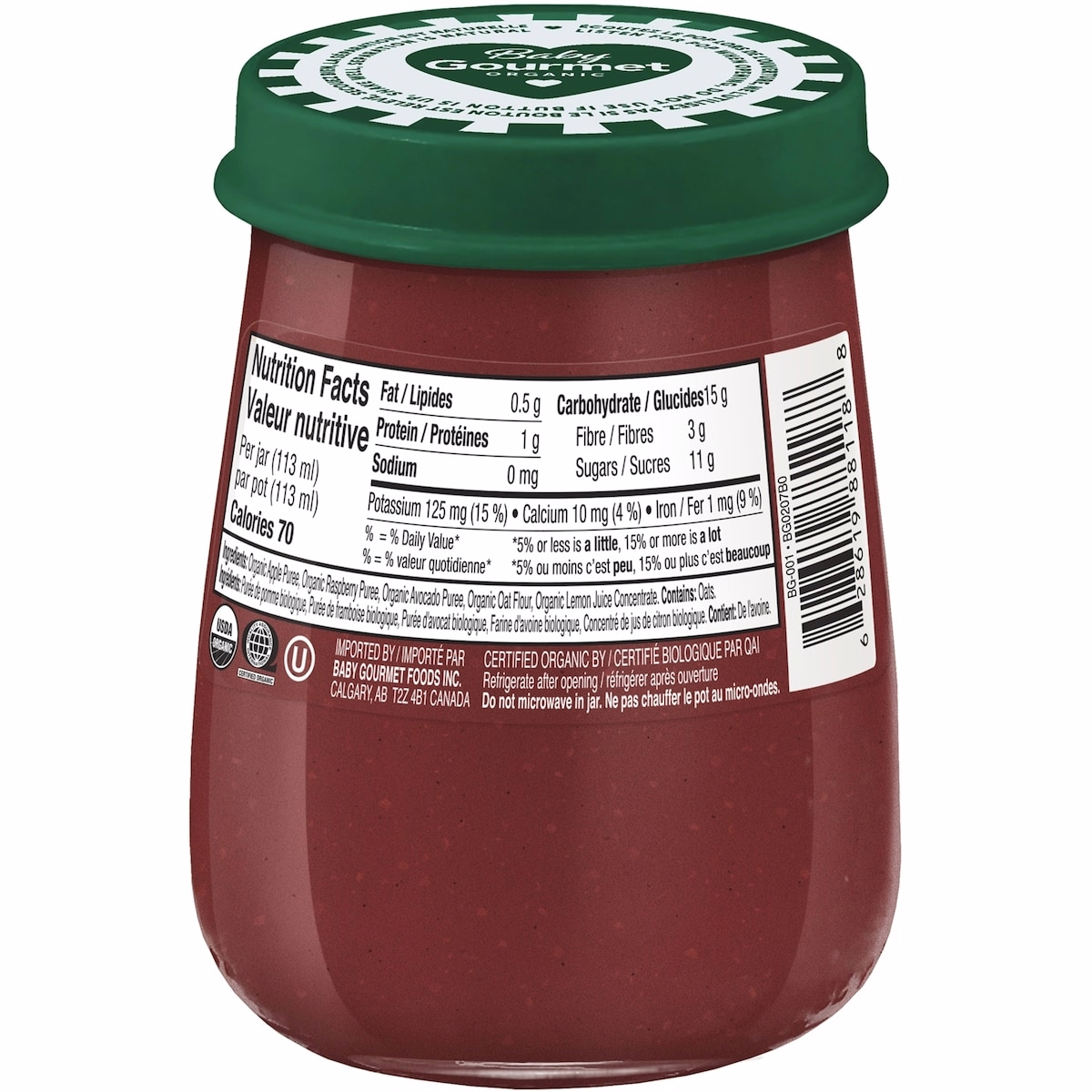 Pot de purée biologique pour bébé Pomme Framboise Avocat et Avoine