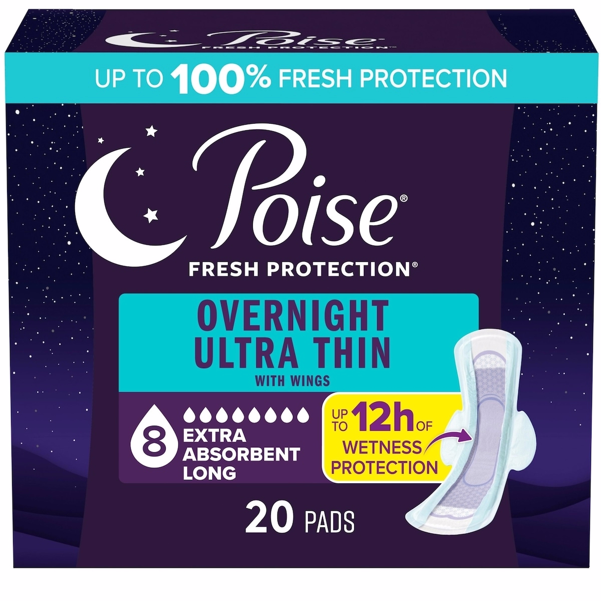 Overnight Ultra Thin Incontinence & Postpartum Pads with Wings for Bladder Leaks, 8 Drop Extra Absorbent, Long Length, 20 Count