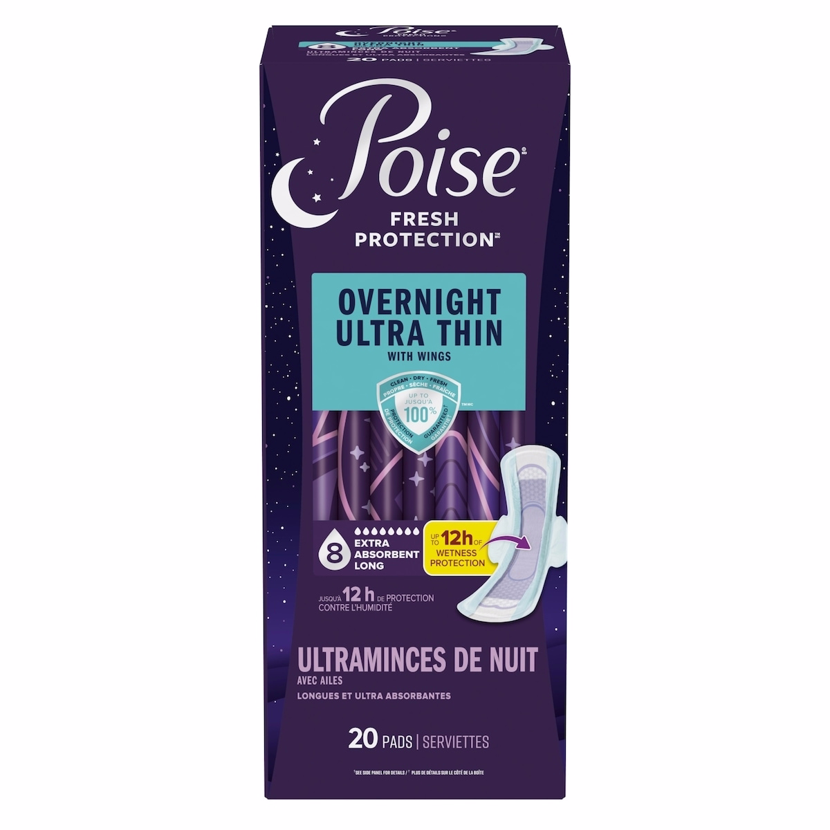 Overnight Ultra Thin Incontinence & Postpartum Pads with Wings for Bladder Leaks, 8 Drop Extra Absorbent, Long Length, 20 Count