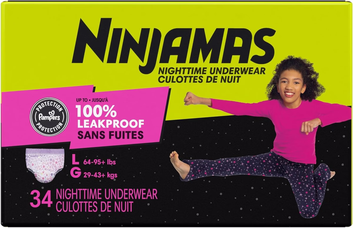 Ninjamas Nighttime Bedwetting Underwear Girl Size M/L 34 Count