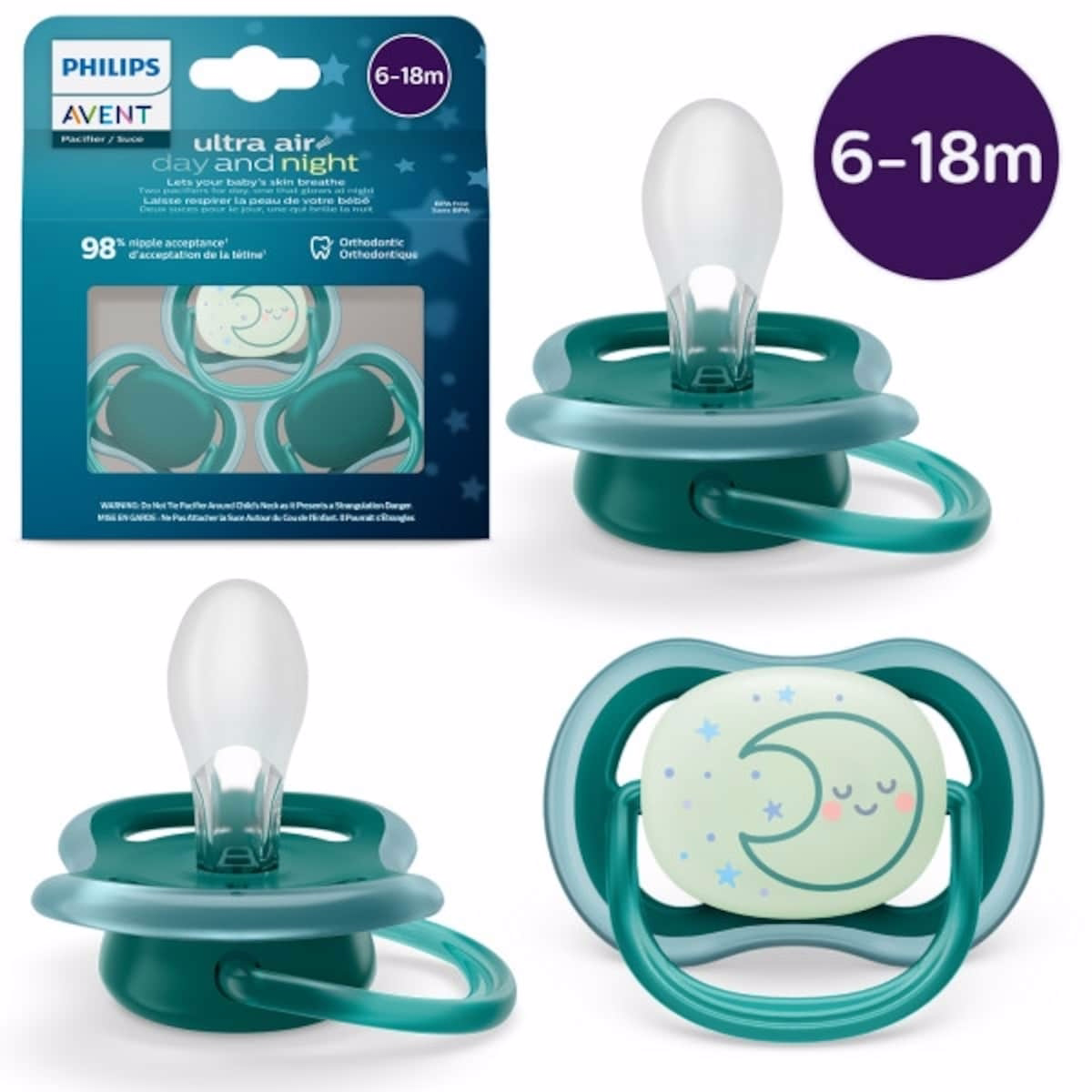 Philips Avent Ultra Air day time/night time Pacifier 6-18m, deep opal / sleeping moon, 3 pack, SCF085/68