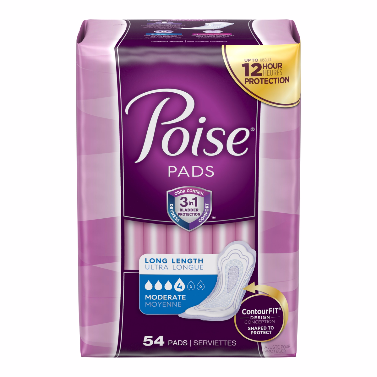 Poise Incontinence Pads, Moderate Absorbency Long Length - 54.0 Ea