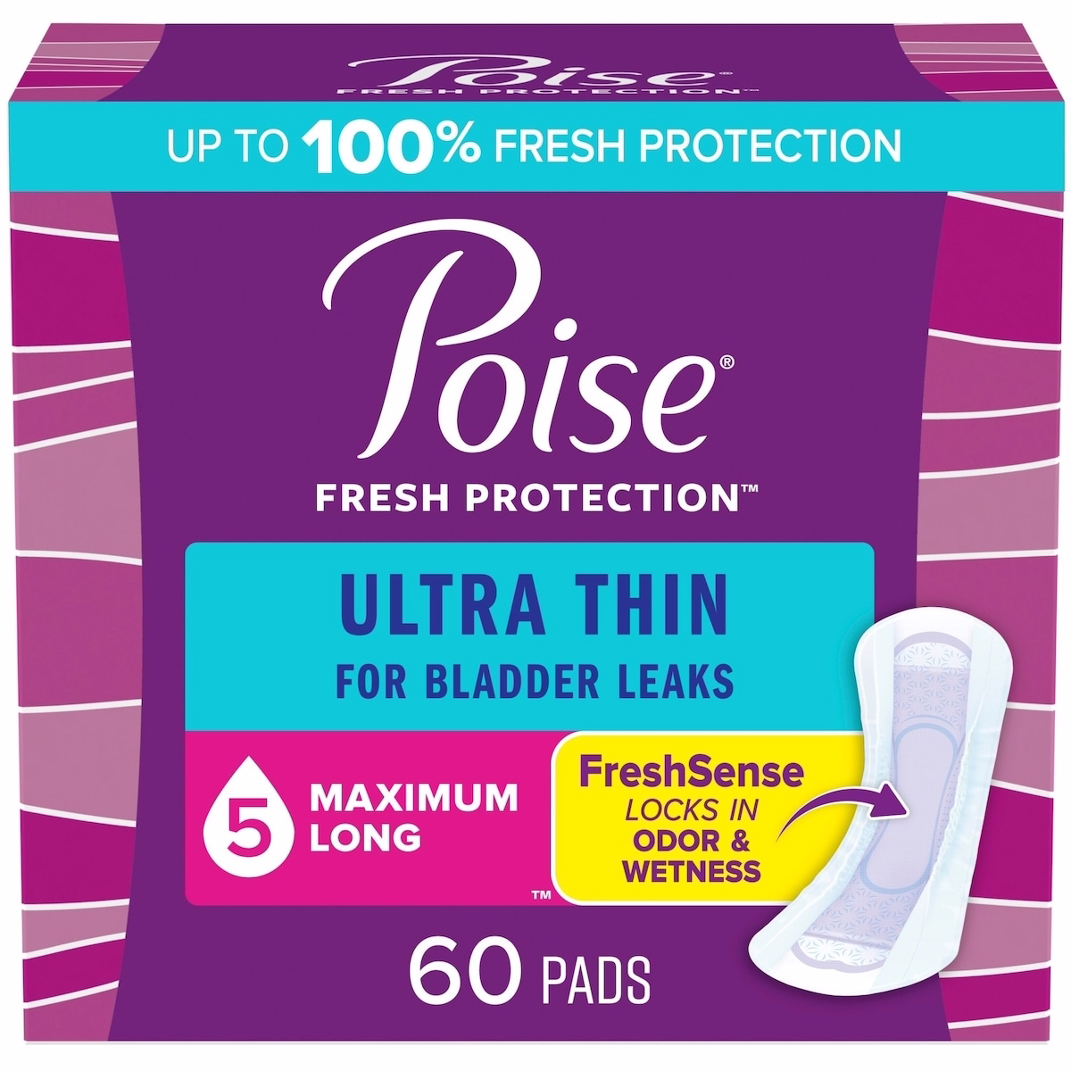 Poise Ultra-minces Serviettes d’incontinence postpartum avec ailettes, Absorption légère, Longueur régulière, lot de 60