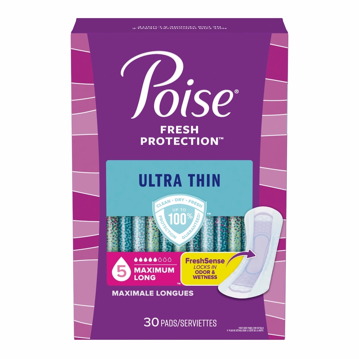 Poise Ultra-minces Serviettes d’incontinence postpartum avec ailettes, Absorption légère, Longueur régulière, lot de 60