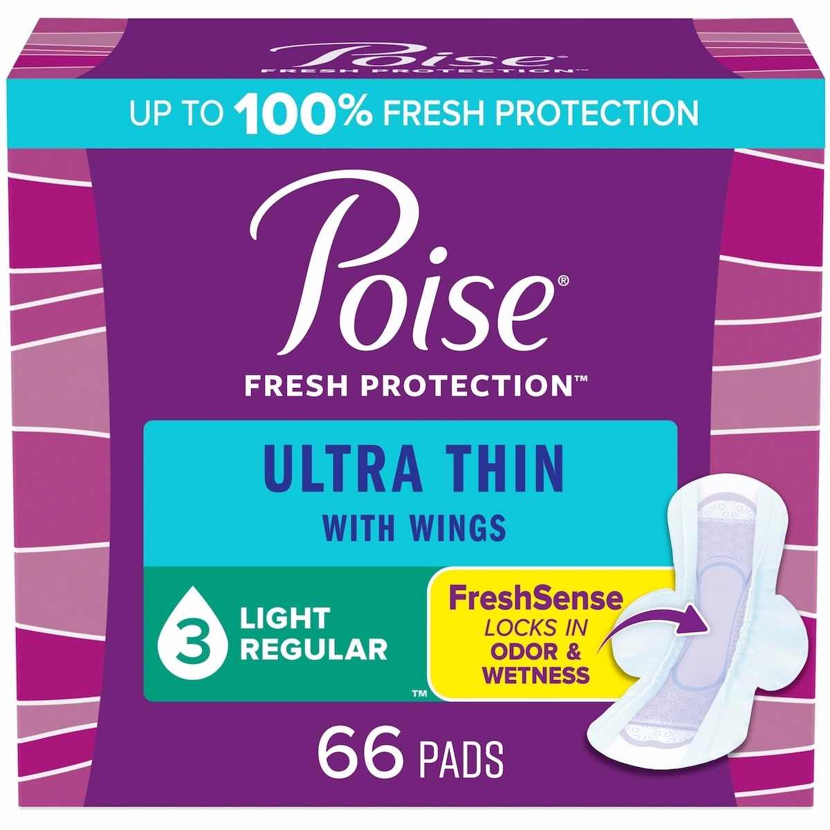 Poise Ultra Thin Postpartum Incontinence Pads with Wings, Light Absorbency, Regular Length, 66 Count