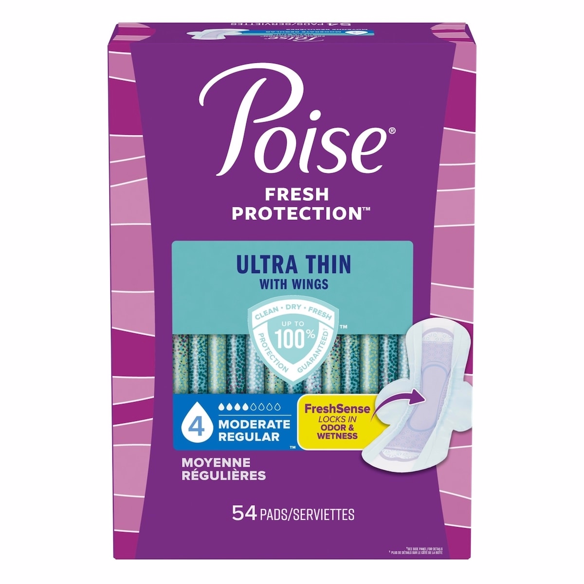 Protections Poise d'incontinence ultrafines post-partum avec ailes, absorption modérée, longueur standard, 54 unités