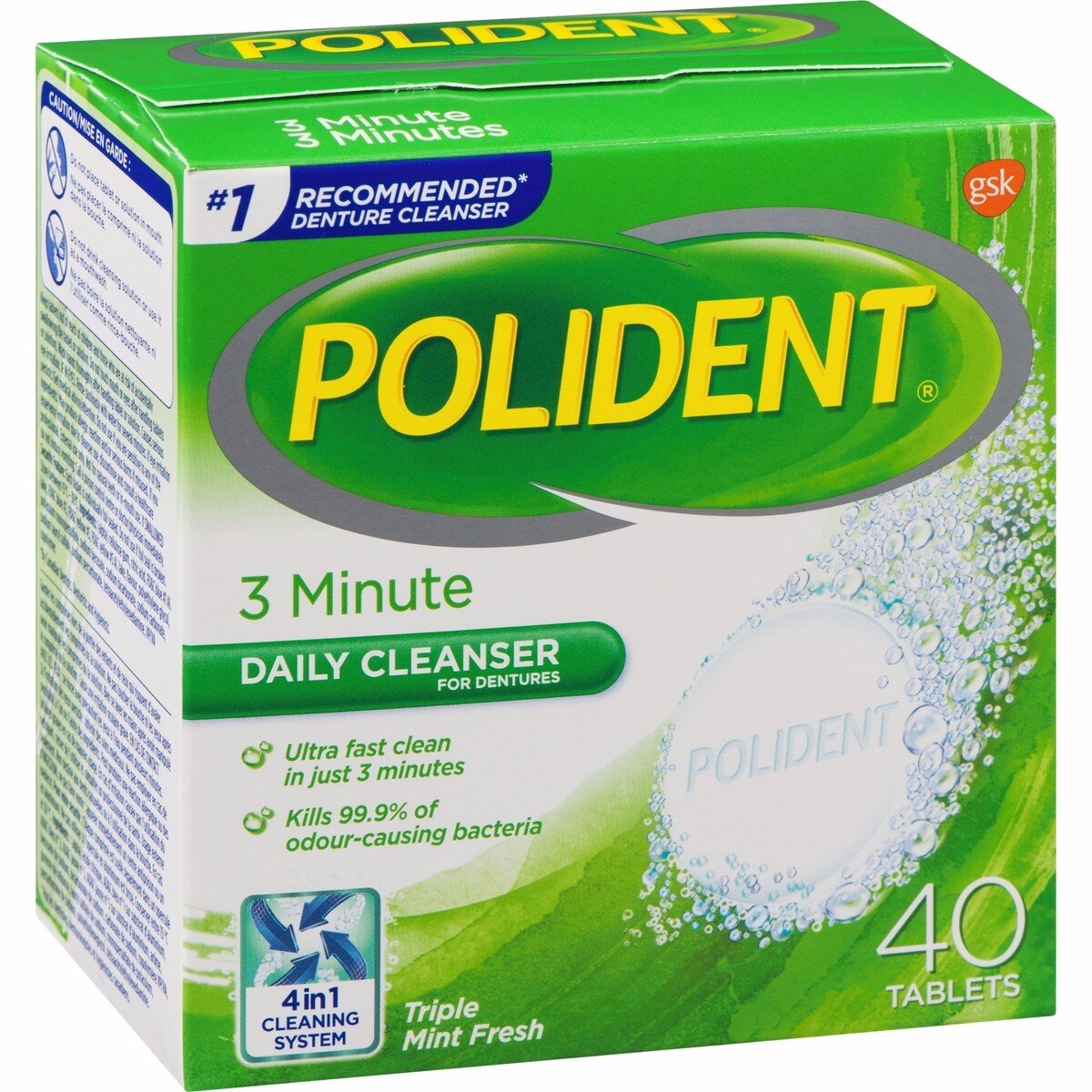 Polident 3 Minute Daily Nettoyant quotidien pour prothèses dentaires 40 comprimés