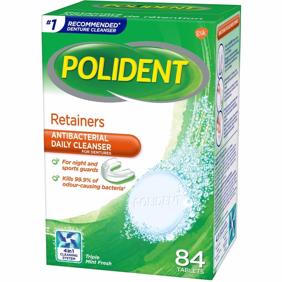 Polident pour appareils de rétention Nettoyant quotidien Triple Mint Fresh 84 comprimés