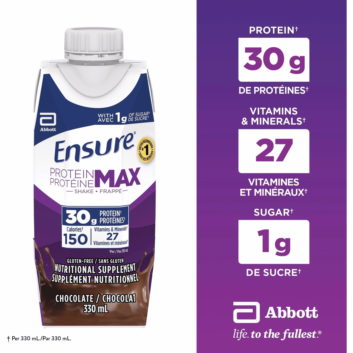 Protein Max 30 g Nutrition Shake Supplement, Chocolate Protein Drink with 30 g of High-Quality Protein, 1 g of Sugar, 330 mL (Pack of 4), 1320 mL