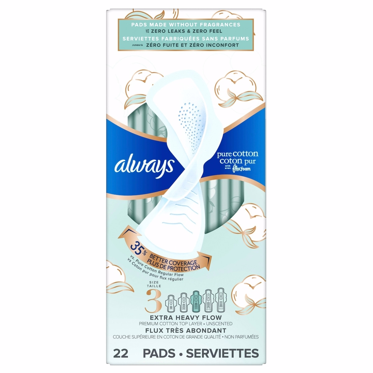 Pure Cotton Feminine Pads for Women, FlexFoam Pads with Wings, Size 3, Extra Heavy Flow Absorbency, Unscented