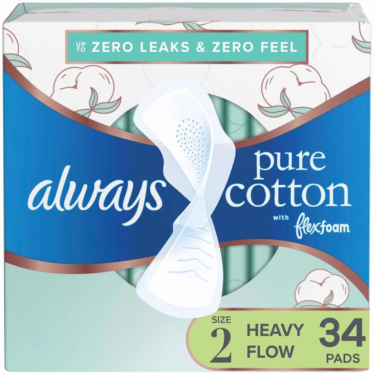 Pure Cotton Feminine Pads for Women, Size 2, Heavy, with wings, unscented