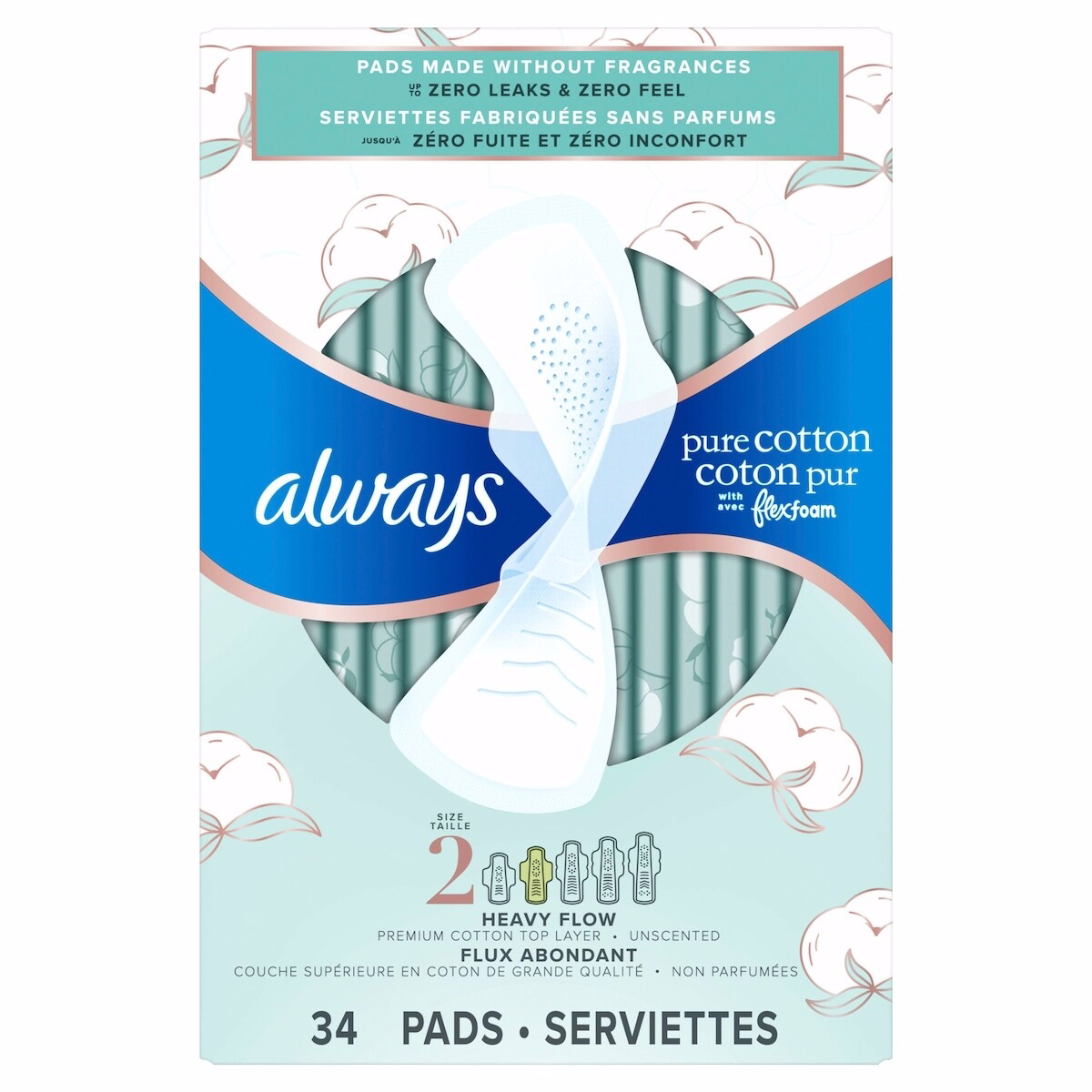 Pure Cotton Feminine Pads for Women, Size 2, Heavy, with wings, unscented