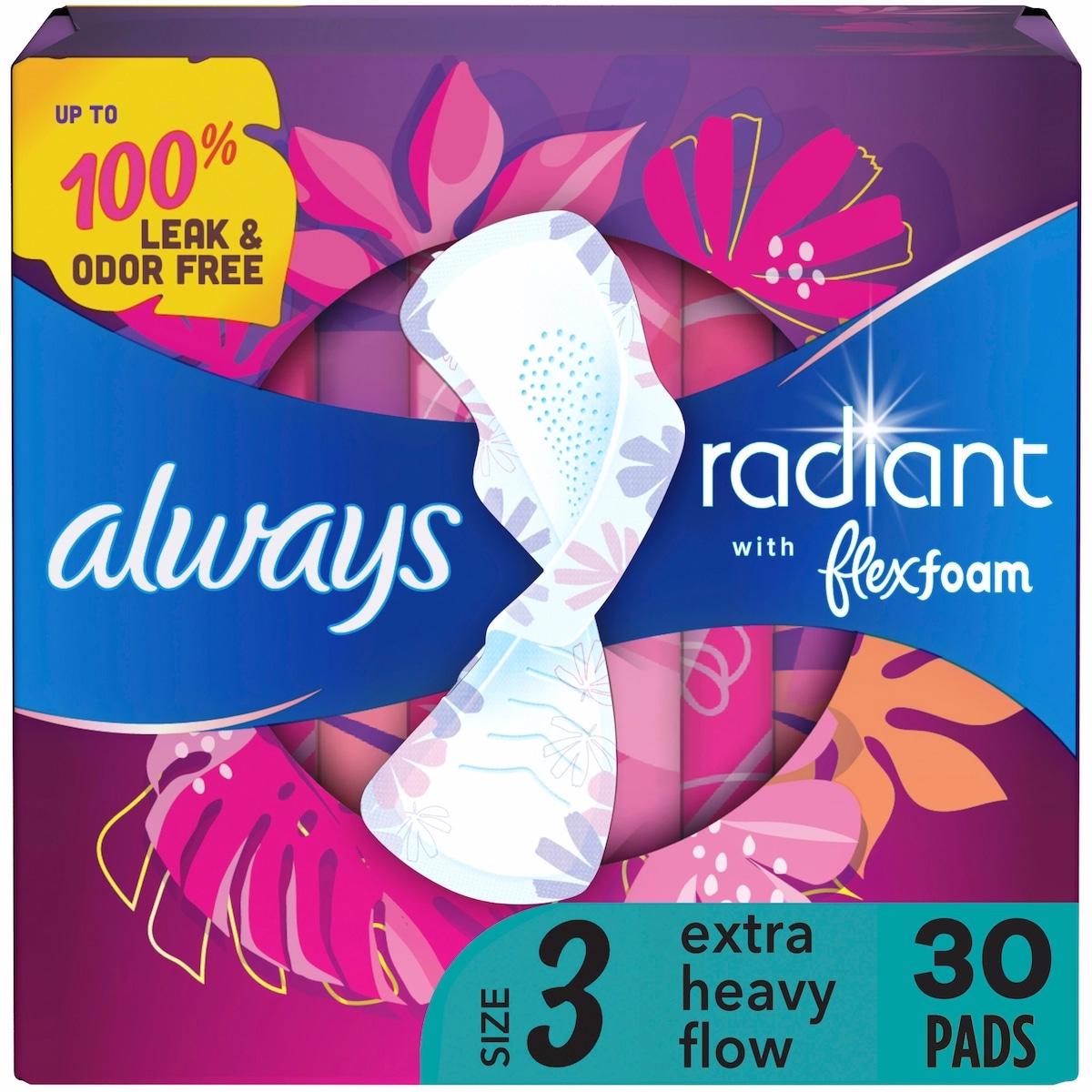 Radiant Feminine Pads for Women, Size 3 Heavy, with Wings, Light Clean Scent