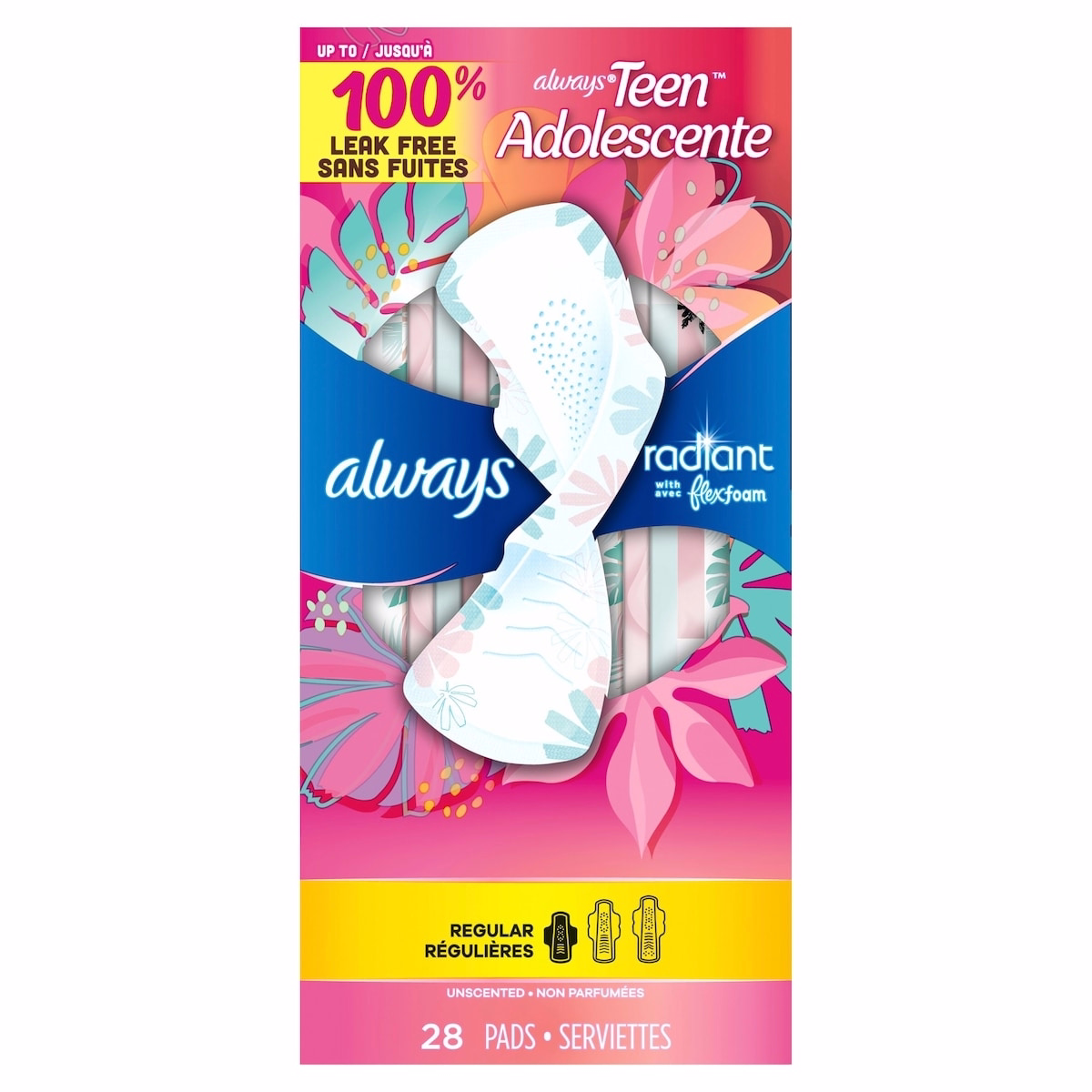 Radiant Teen Pads, Size 1, Regular, with Wings, Unscented, 28 CT