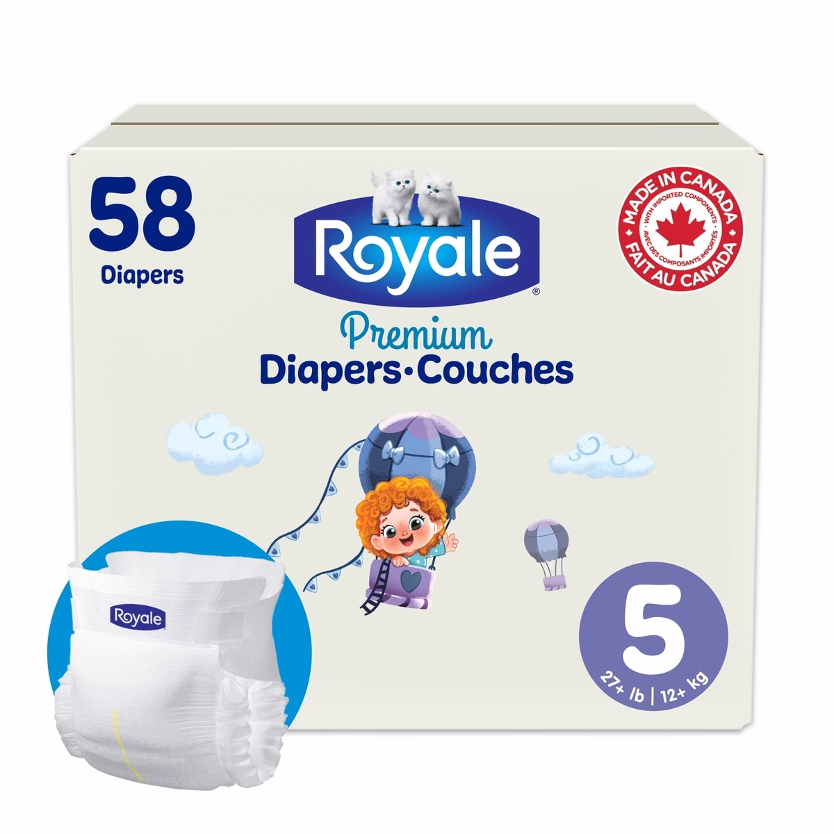 Royale Premium Diapers, Super Pack, Size 5 - 58 Count, Disposable Baby Diapers