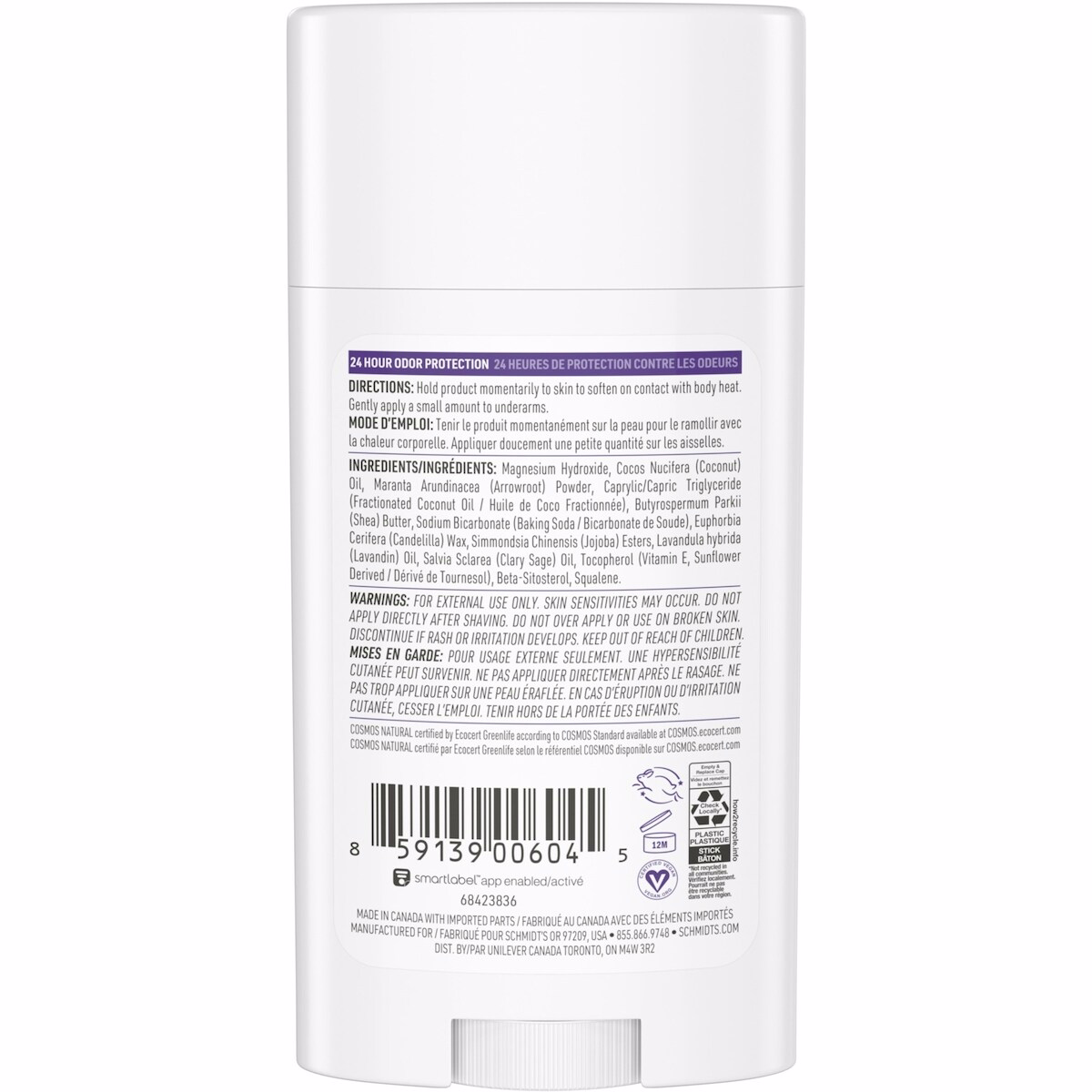 Schmidt's Déodorant d'origine naturelle Protection 48 heures Lavande et Sauge Déodorant pour hommes et femmes 75 g