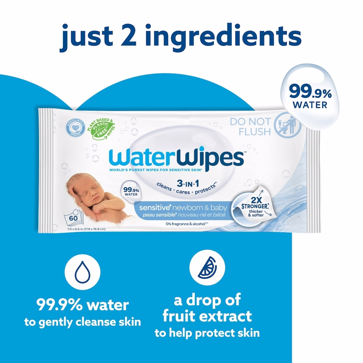 Sensitive+ Newborn & Baby Wipes, 3-In-1 Cleans, Cares, Protects, 99.9% Water, Unscented & Hypoallergenic, 60 Count (1 Pack)