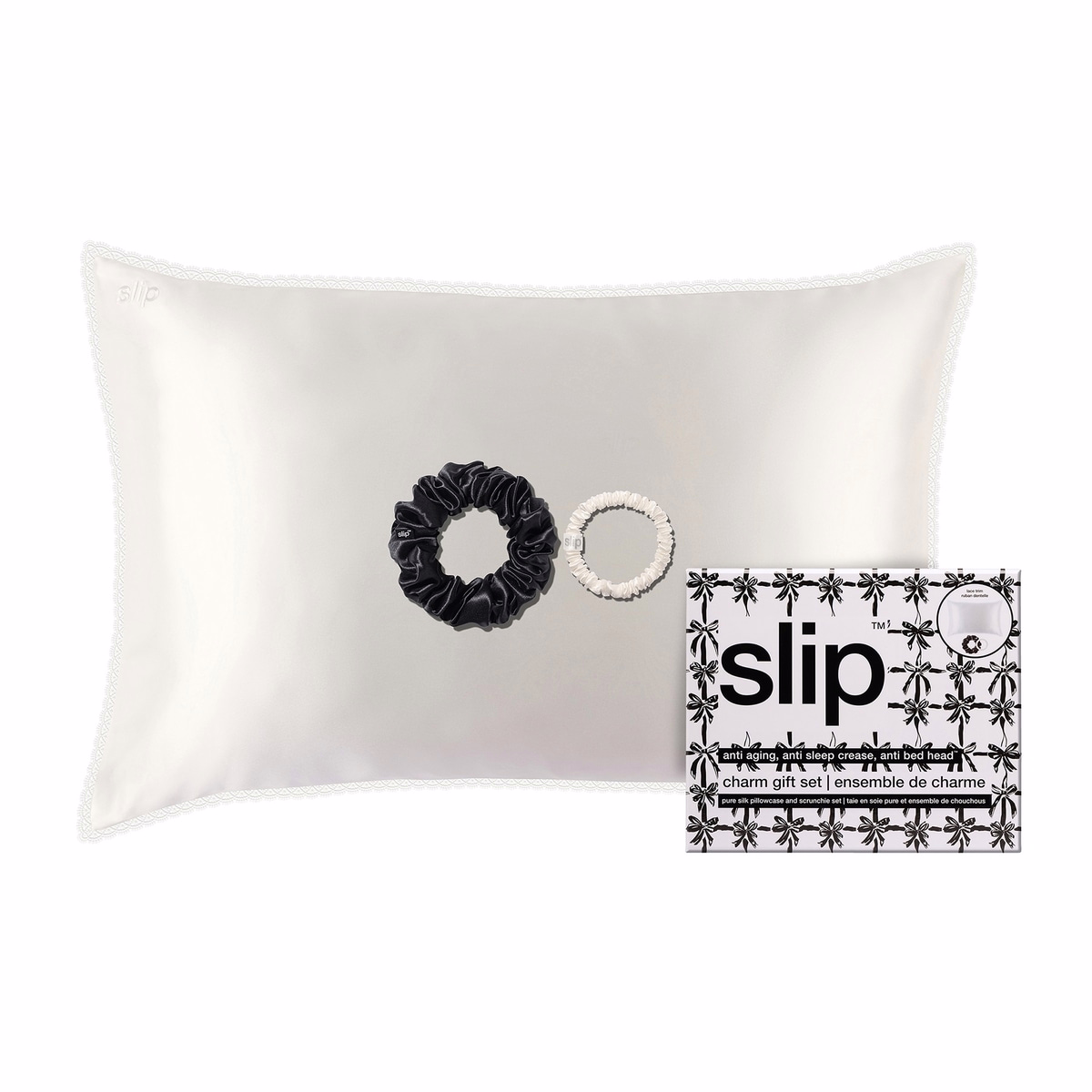 Slip ピュアシルク クイーンサイズ ギフトセット レーストリム付き チャーム
