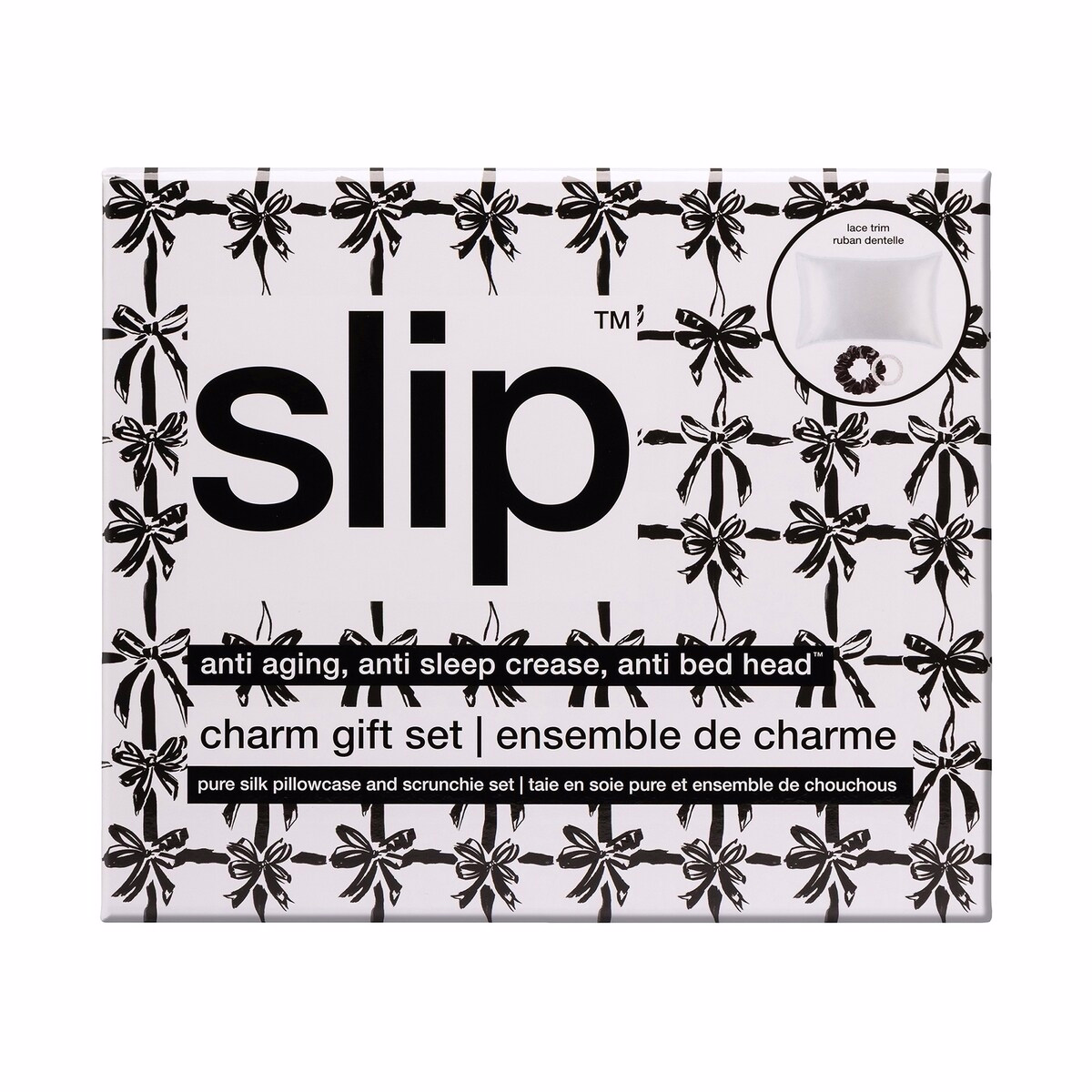 Slip ピュアシルク クイーンサイズ ギフトセット レーストリム付き チャーム