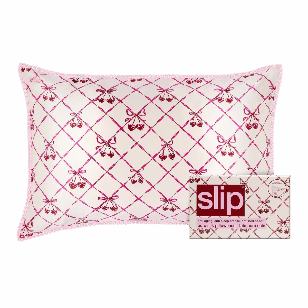 Slip Silk クイーンサイズ ピローケース レーストリム付き - スイートチェリー