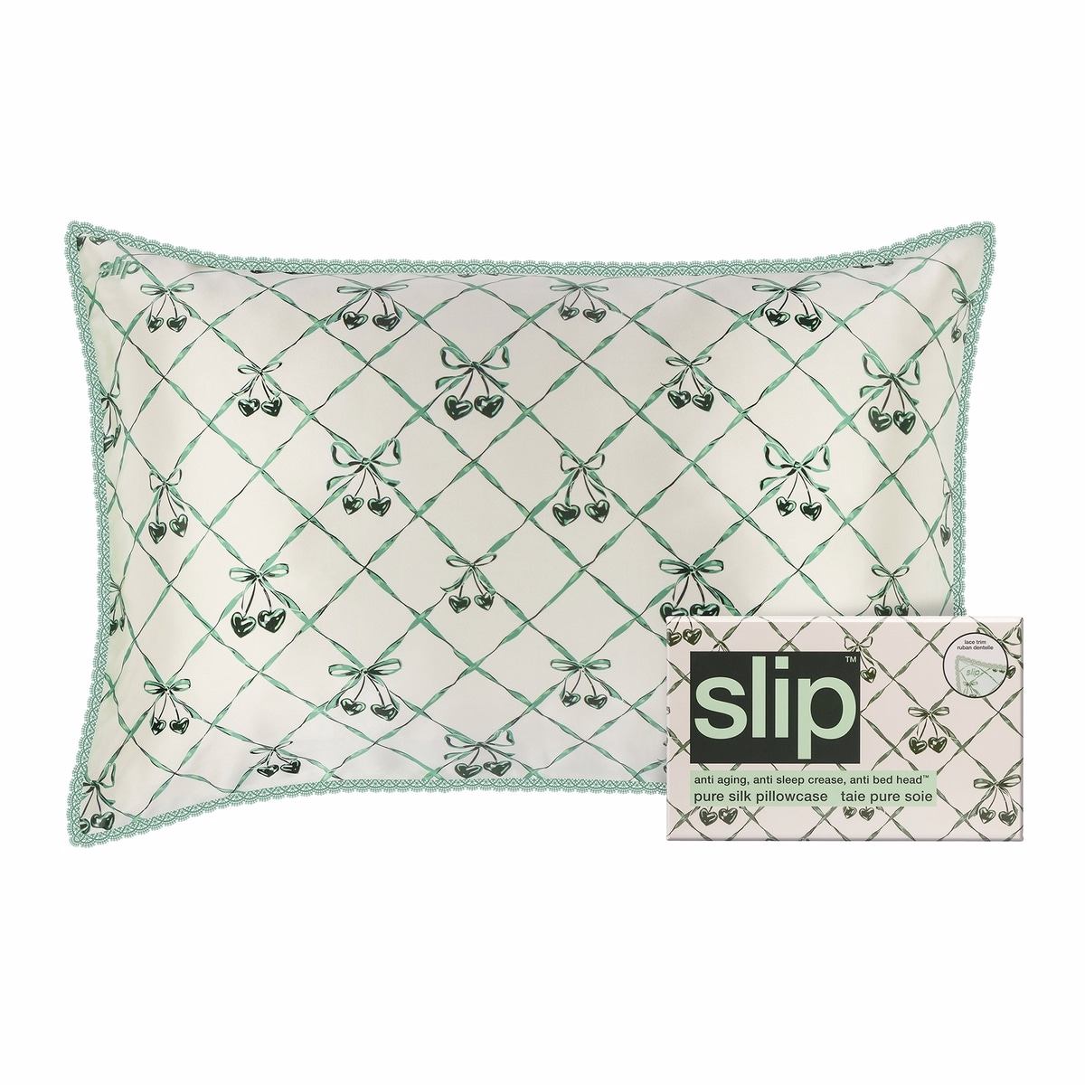 Slip Pure Silk クイーン枕カバー レーストリム付き ウィンターグリーン