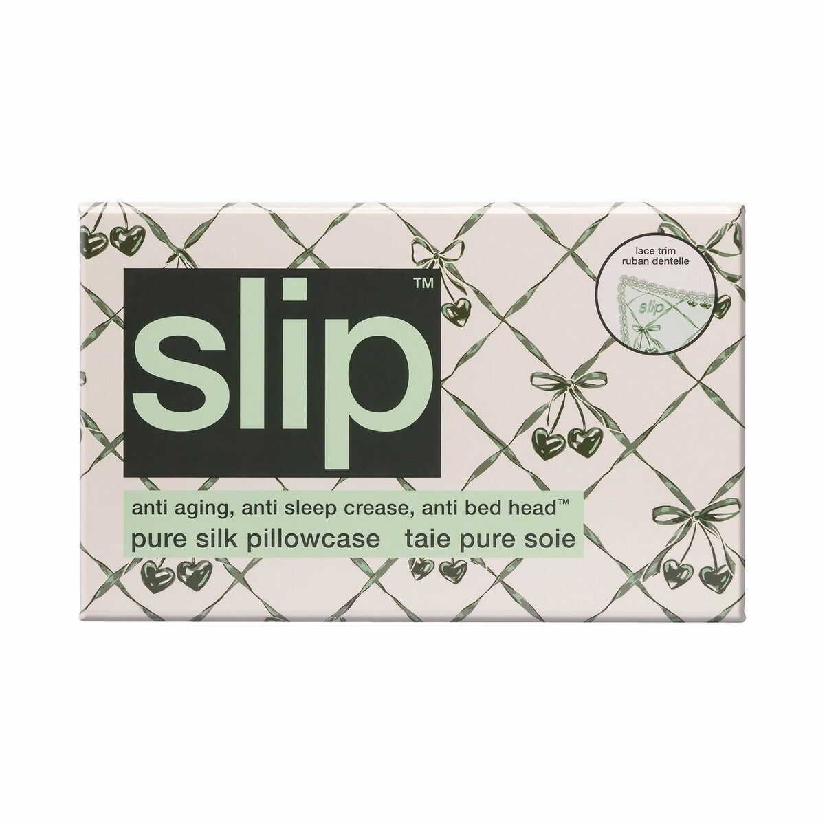 Slip Pure Silk クイーン枕カバー レーストリム付き ウィンターグリーン