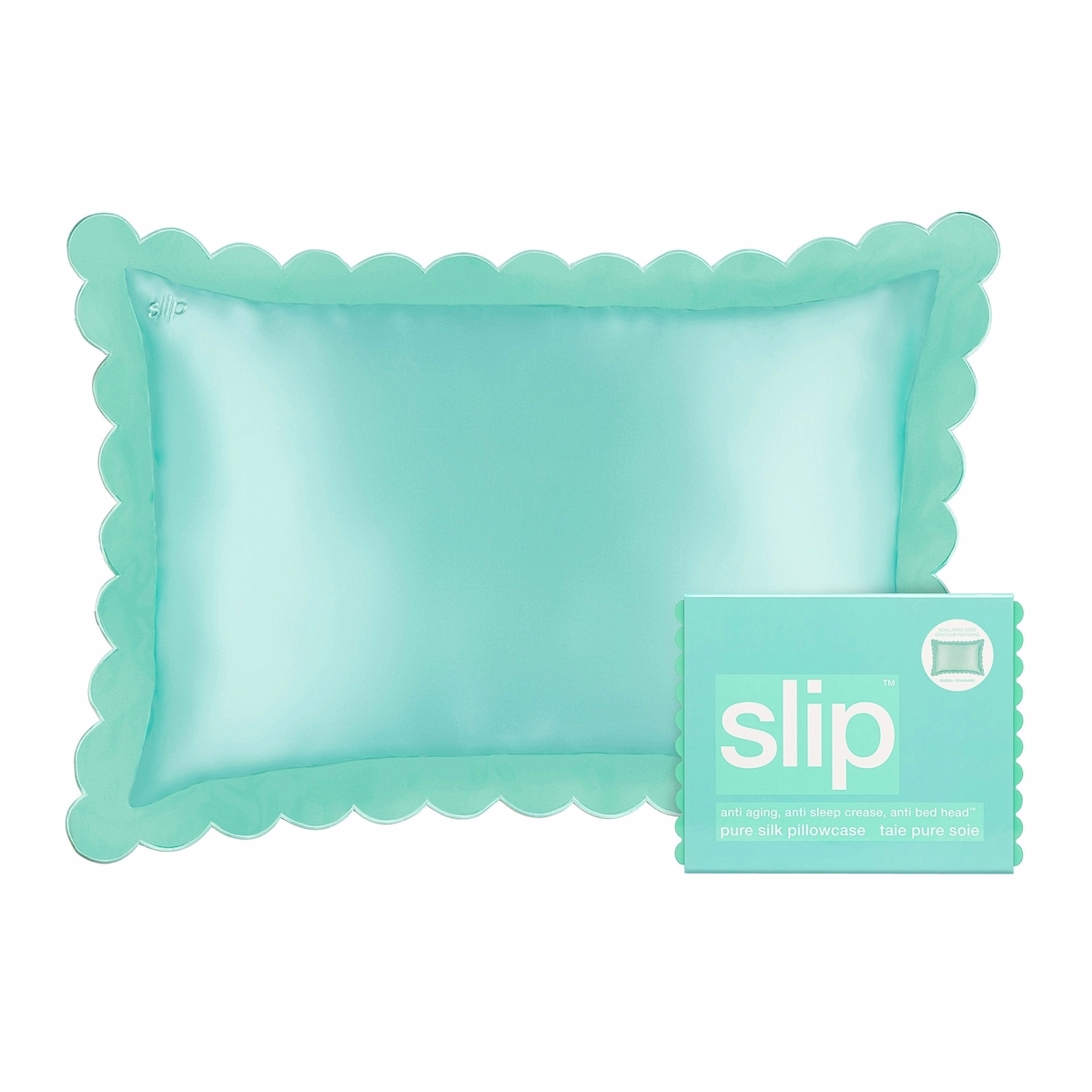 Slip ピュアシルク クイーン枕カバー（スカラップエッジ・ターコイズ）