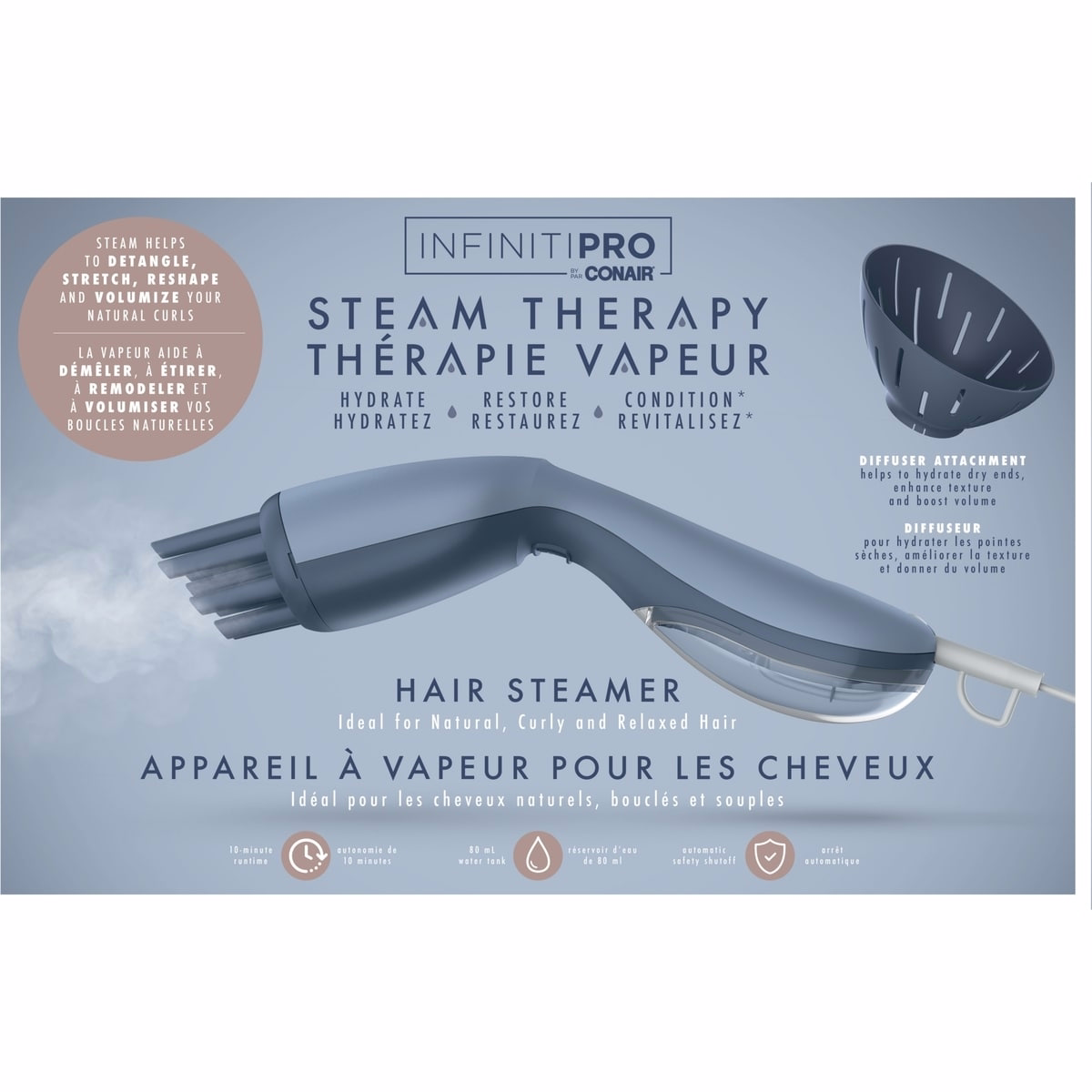 <div class="product-howto">
<h3>How to use Steam Therapy Hair Steamer</h3>
<p class="howto-description">A quick, safe routine to hydrate and refresh curls with the Conair unit.</p>
<ol class="howto-steps">
<li class="howto-step">
<strong>Prepare</strong>
<p>Fill the 80 mL water tank with clean water and attach the diffuser as desired.</p></li>
<li class="howto-step">
<strong>Power on</strong>
<p>Plug the device in, press the ON/OFF button, and wait about 30 seconds for the indicator to turn solid.</p></li>
<li class="howto-step">
<strong>Activate steam</strong>
<p>Press the steam button to start emitting steam; the steam LED will illuminate.</p></li>
<li class="howto-step">
<strong>Treat and finish</strong>
<p>Let the steam work for the planned 10 minutes, then press the steam button again to deactivate and power off. Unplug and allow to cool before storage.</p></li>
<li class="howto-step">
<strong>Cleanup</strong>
<p>Detach and rinse the flush kit as needed to maintain performance and prevent buildup.</p></li></ol></div>