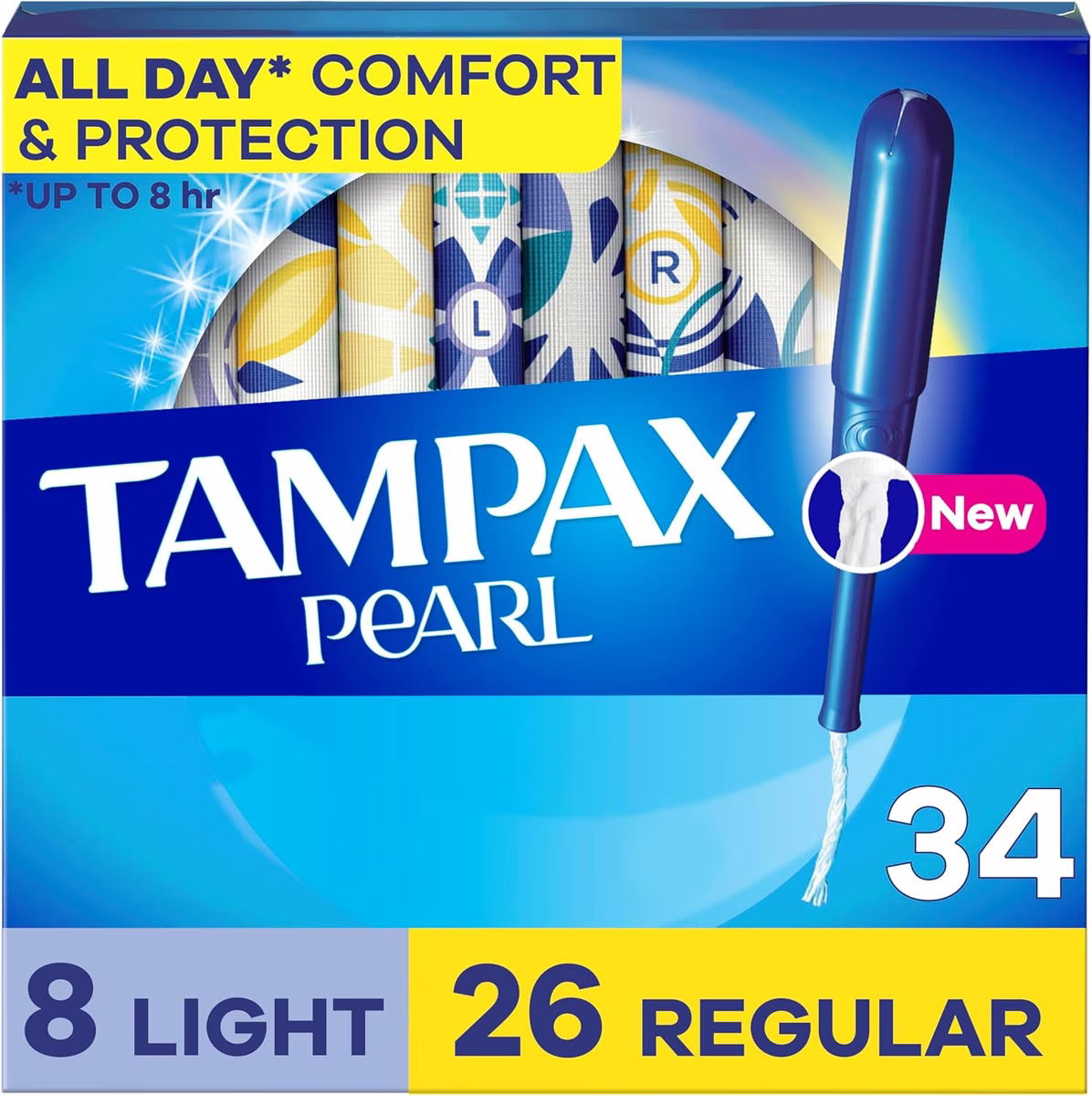 Tampax Pearl Tampons, Light/Regular Absorbency with LeakGuard Braid, Duo Pack, Unscented, 34 Count