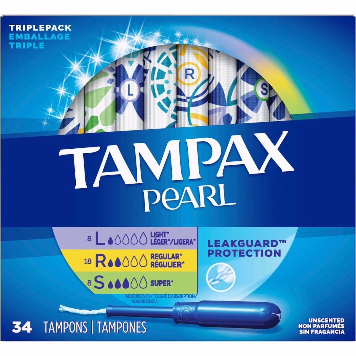 Tampax Pearl Tampons, Light/Regular/Super Absorbency with LeakGuard Braid, Triple Pack, Unscented, 34 Count
