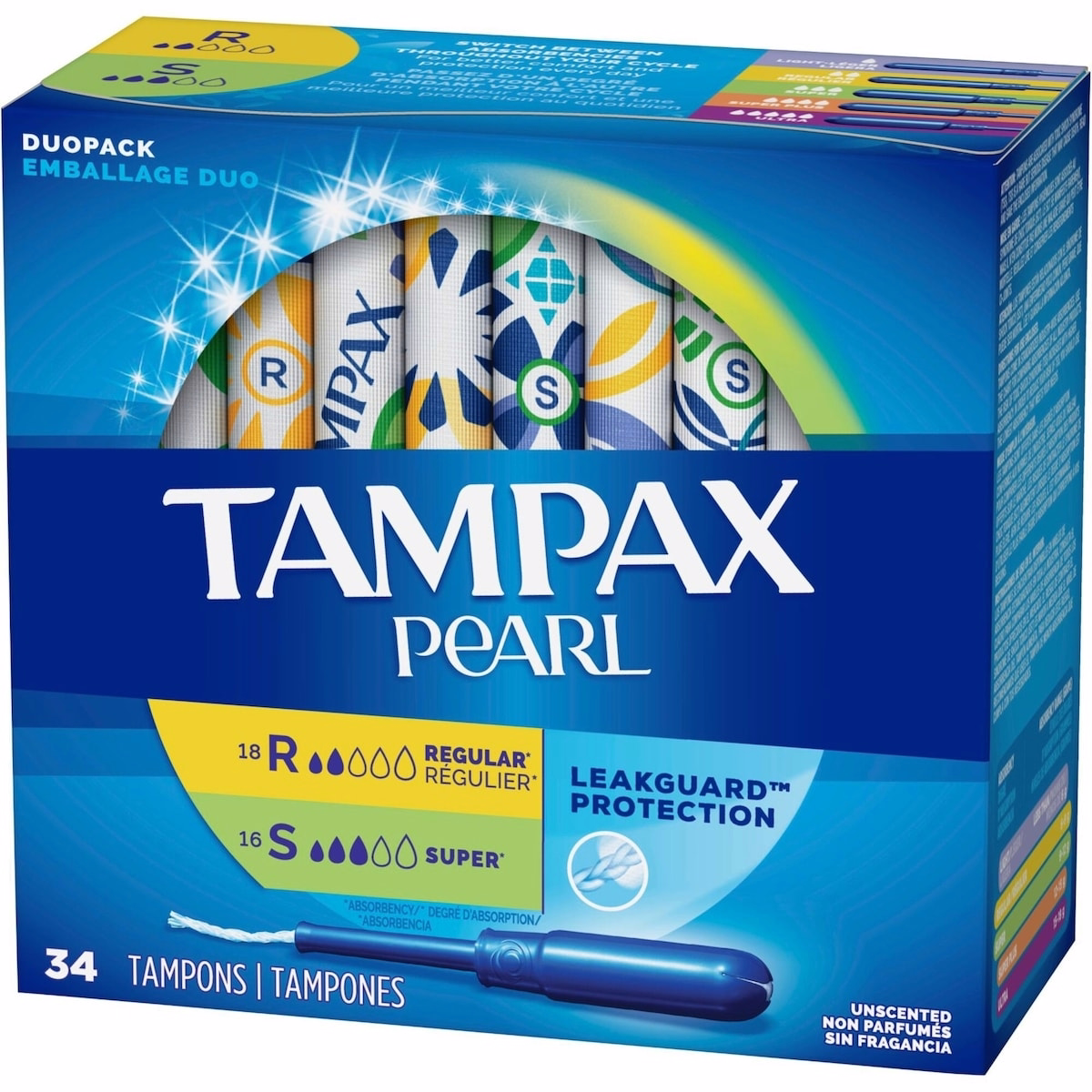 Tampax Pearl Tampons, Regular/Super Absorbency with LeakGuard Braid, Duo Pack, Unscented, 34 Count