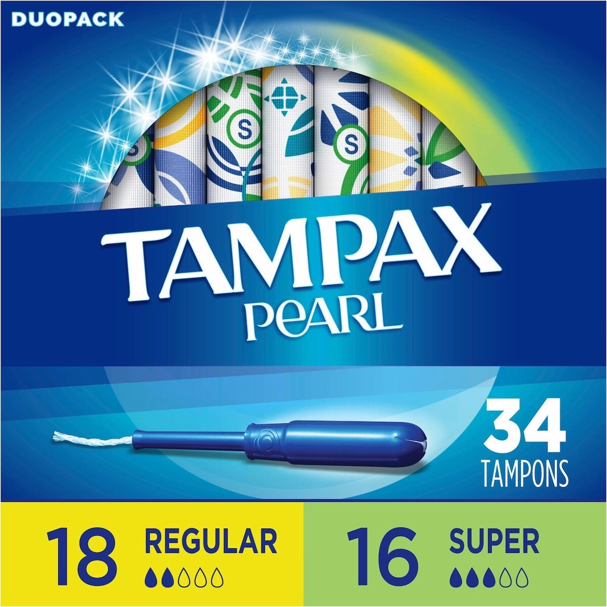 Tampons Tampax Pearl, Absorbance Regular/Super avec LeakGuard Braid, Duo Pack, Non parfumé, 34 unités Tampons Tampax Pearl, Absorbance Regular/Super avec LeakGuard Braid, Duo Pack, Non parfumé, 34 unités