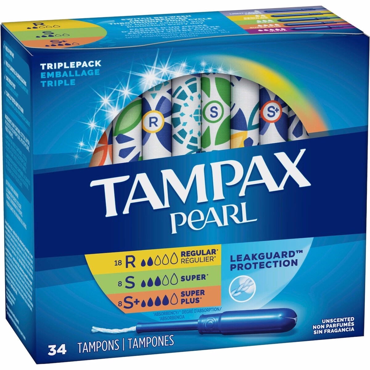 Tampax Pearl Tampons, Regular/Super/Super Plus Absorbency with LeakGuard Braid, Triple Pack, Unscented, 34 Count