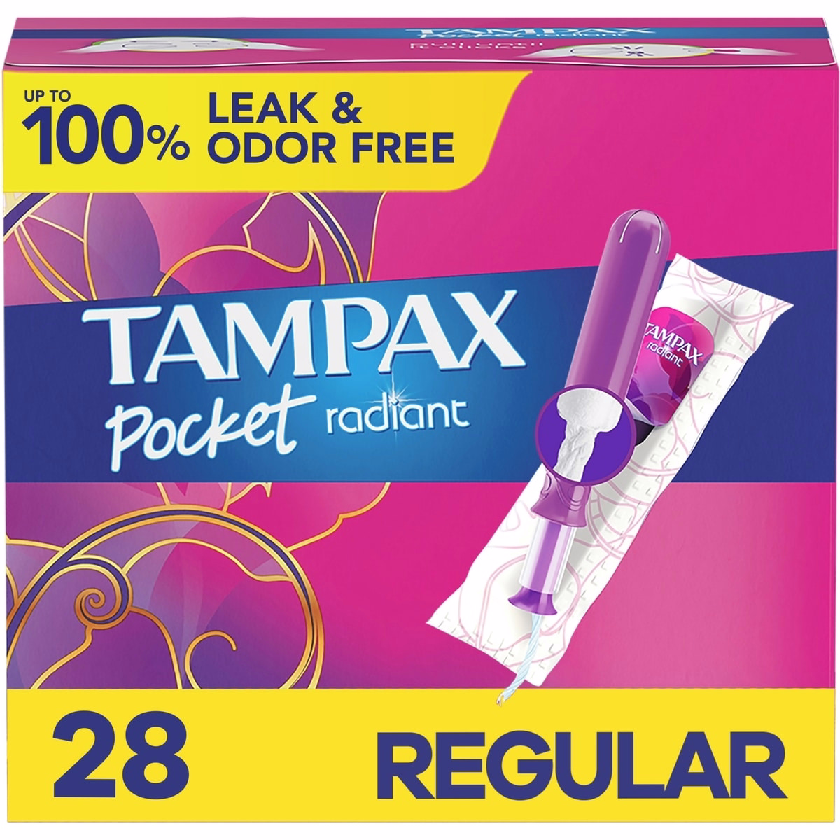 Tampax Pocket Radiant Compact Plastic Tampons, With LeakGuard Braid, Regular Absorbency, Unscented