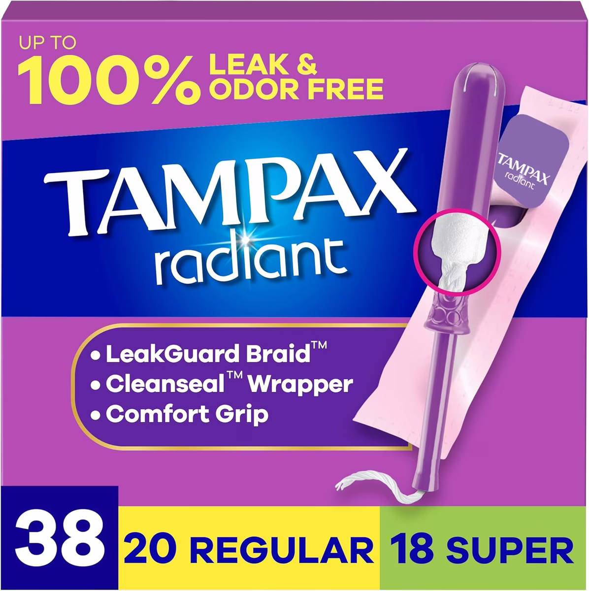 Radiant Tampons Duo Pack with LeakGuard Braid, Regular/Super Absorbency, Unscented