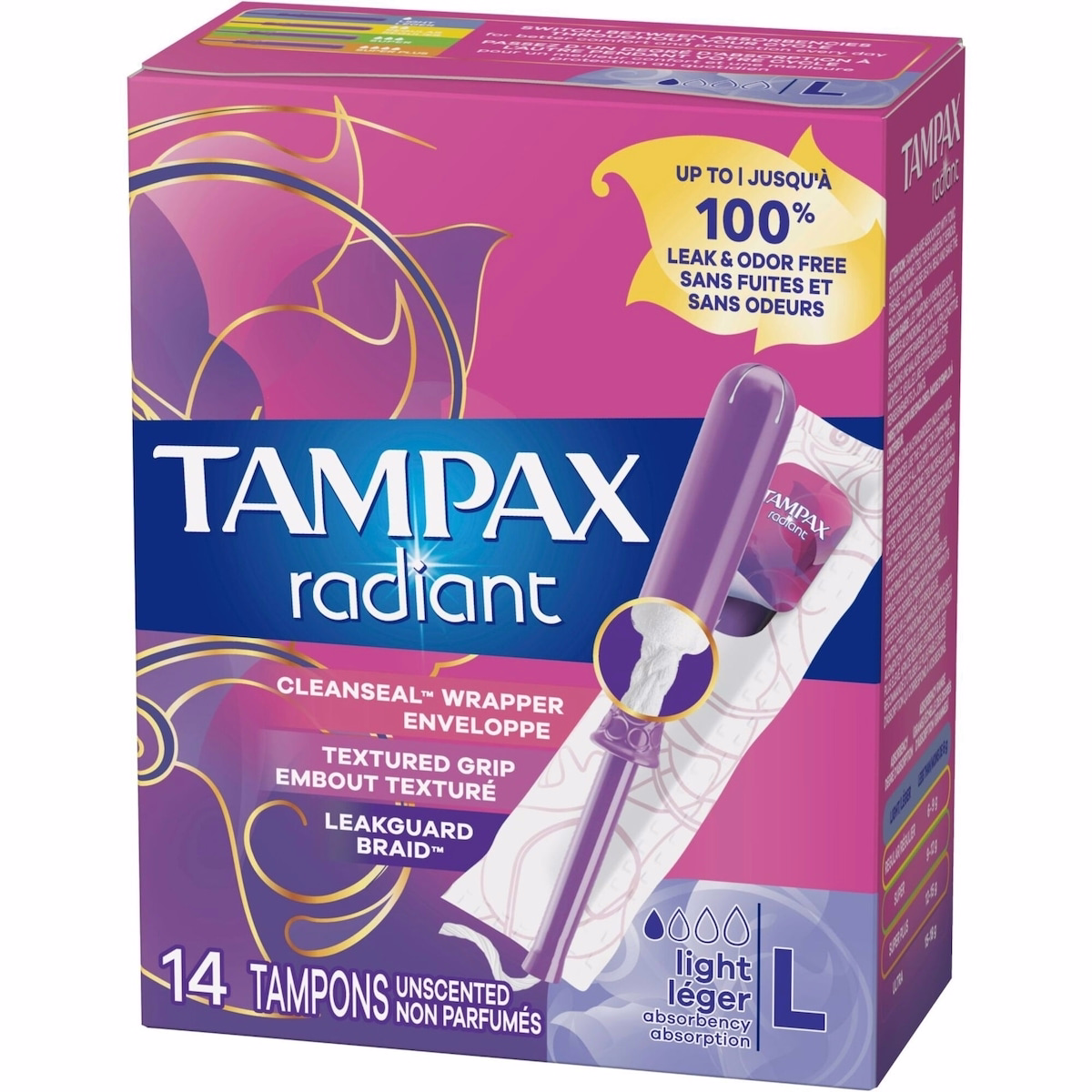 Tampax Radiant Tampons Light Absorbency with BPA-Free Plastic Applicator and LeakGuard Braid, Unscented