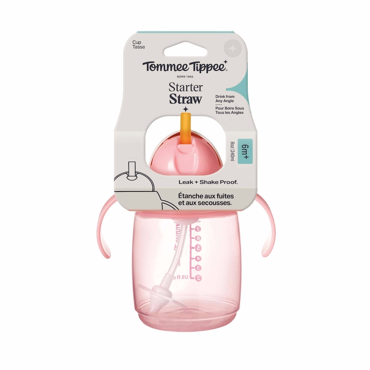 Tommee Tippee 入門吸管杯 8oz 粉紅色，適合6個月以上幼兒的輕鬆過渡杯，配有矽膠加重吸管與易握手柄，粉紅色，1 件