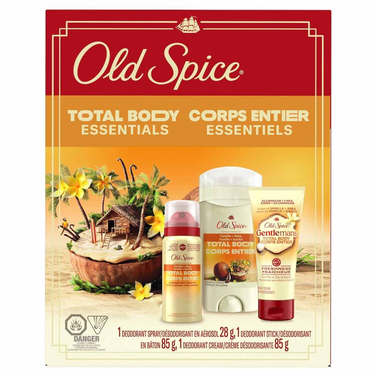 Vanilla Shea スティック、Vanilla Shea ミニ スプレー、Vanilla Shea クリームを含む Total Body Essentials Gift Set