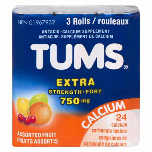 Tums Extra Strength Assorted Fruit 3 Rolls, 8 tablets per roll