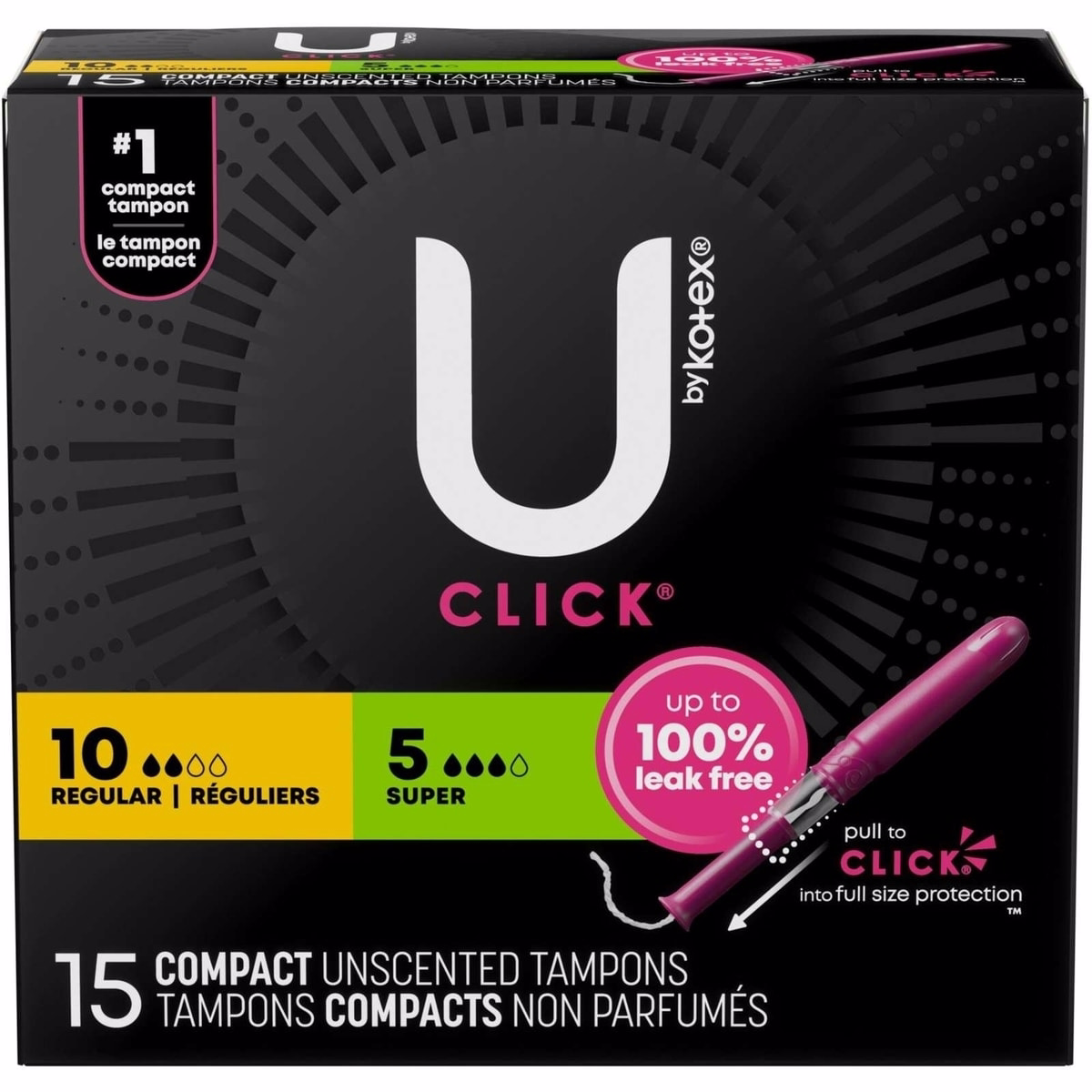 U by Kotex Click Compact Multipack Tampons, Regular/Super, Unscented, 15 Count