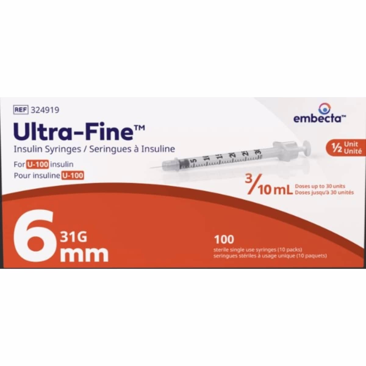 Seringues Ultra-Fine™ à insuline U-100 6 mm 31G 0,3 mL ½ unité