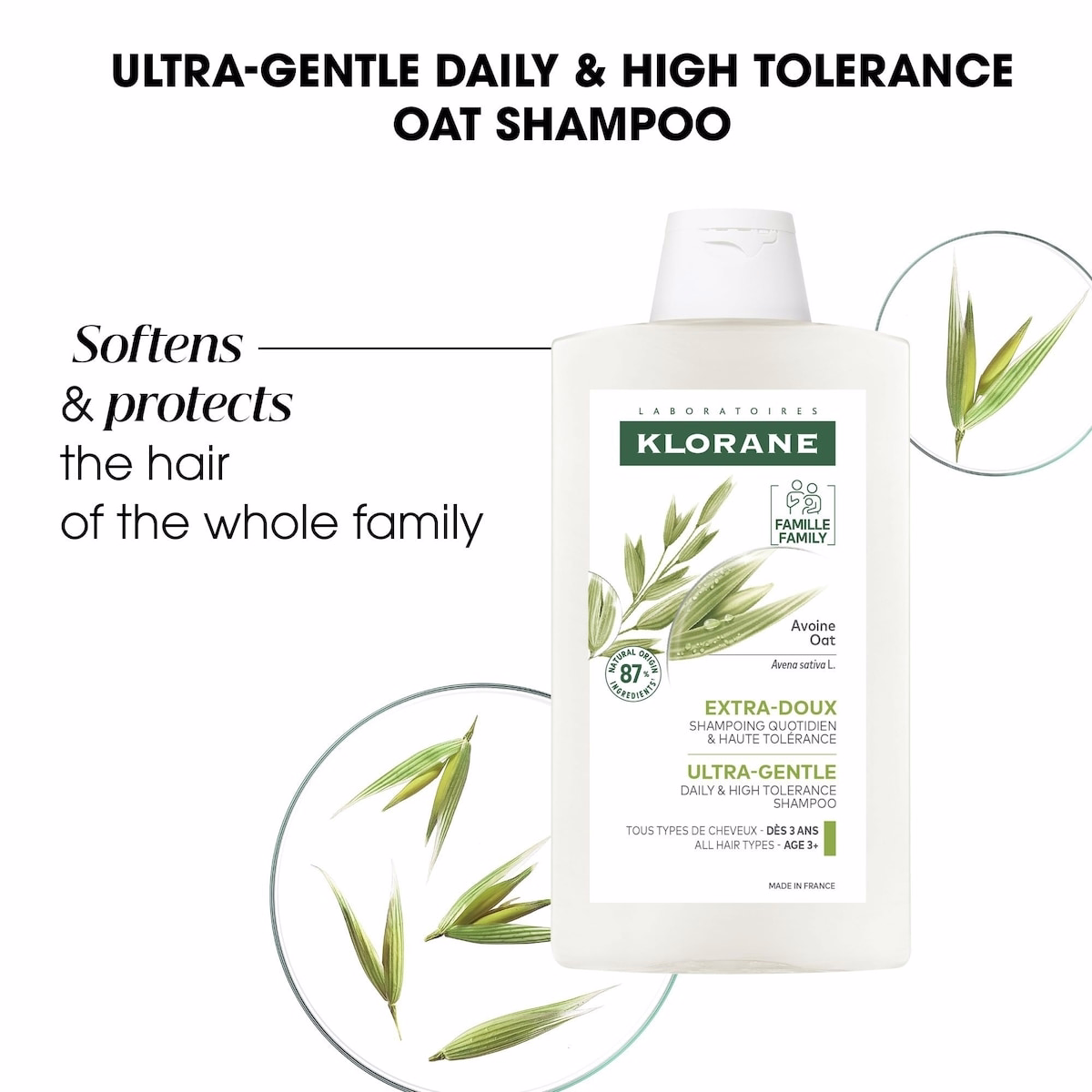 Shampooing Ultra-Doux à l'Avoine Biologique - Usage familial - Tous types de cheveux - 100 ml