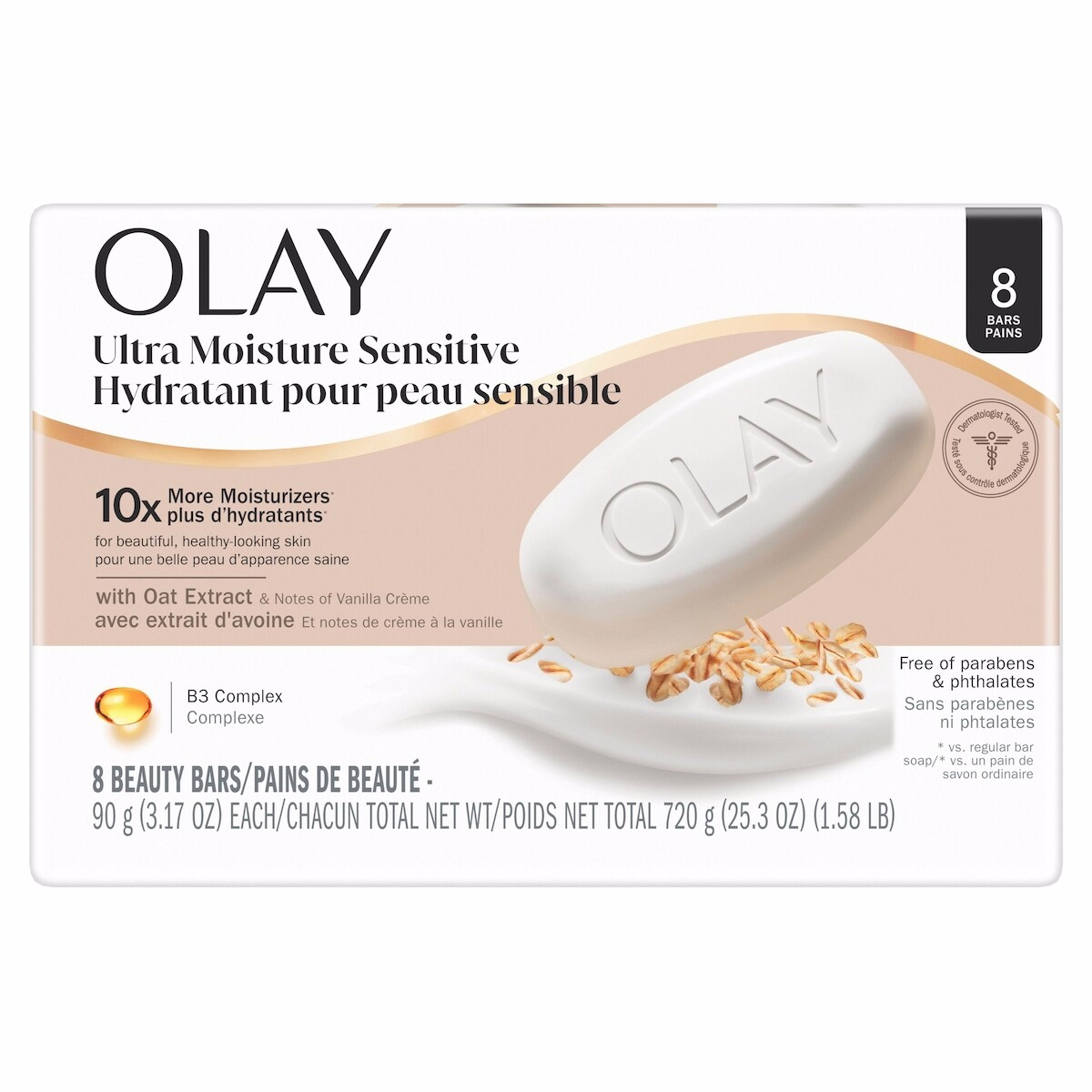 Ultra Moisture Sensitive Beauty Bar with Oat Extract and Notes of Vanilla Crème, 8 count