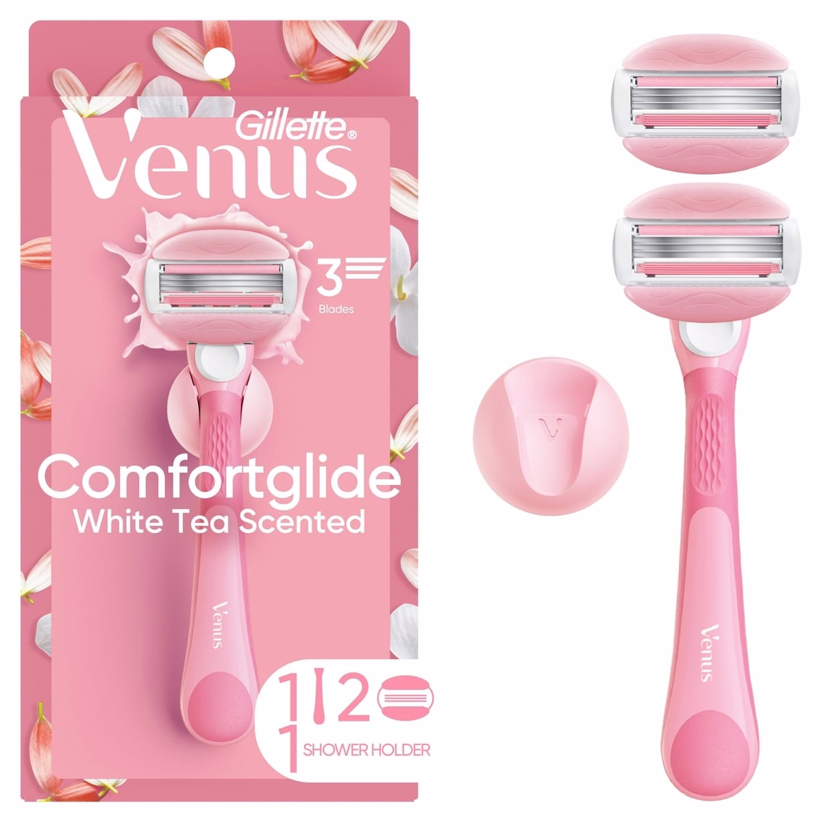 Venus Comfortglide 女用剃刀（白茶香氛），附可重複使用手柄、2片刀片補充與淋浴架