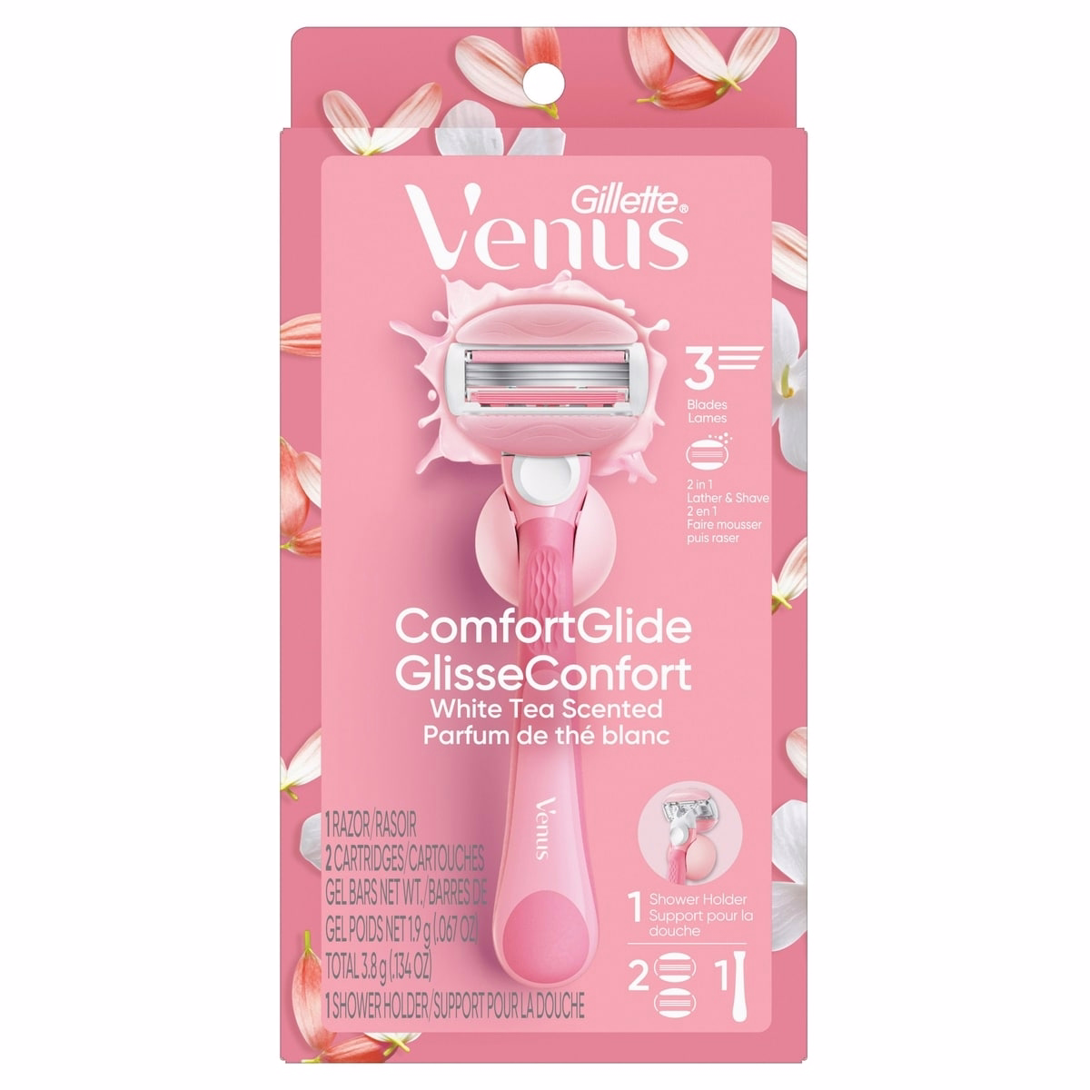 Venus Comfortglide 女用剃刀（白茶香氛），附可重複使用手柄、2片刀片補充與淋浴架