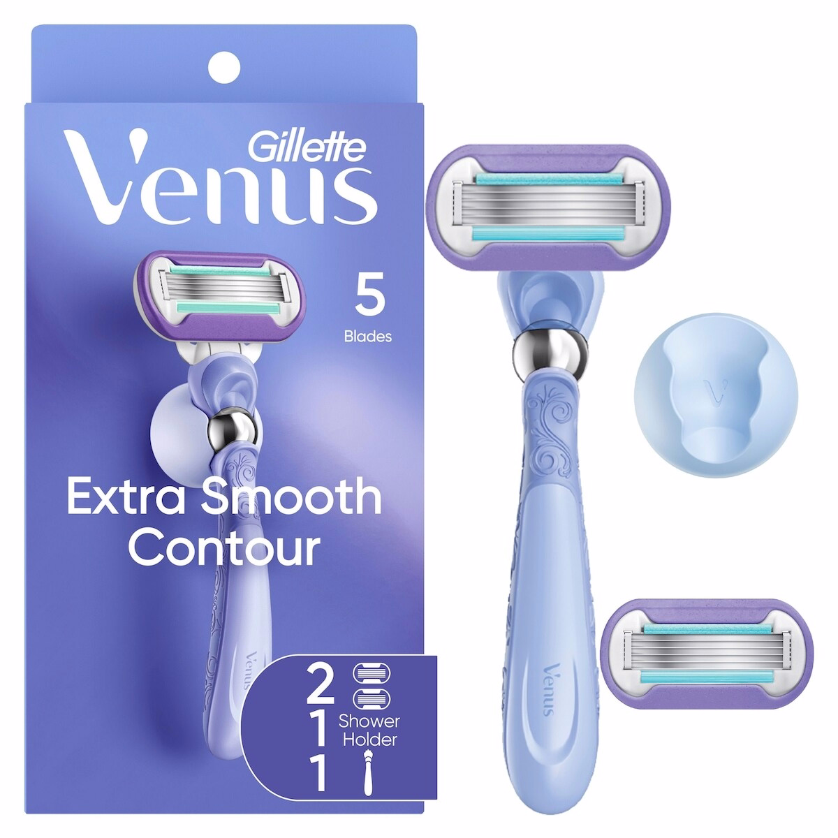 Venus 超順滑貼合 女性用剃毛刀，配可重複使用手柄、2 片刀芯補充裝與淋浴架