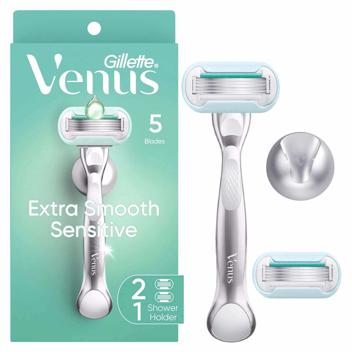 Venus 可重複使用手柄的剃鬚刀，配2 個替換刀片與淋浴掛架