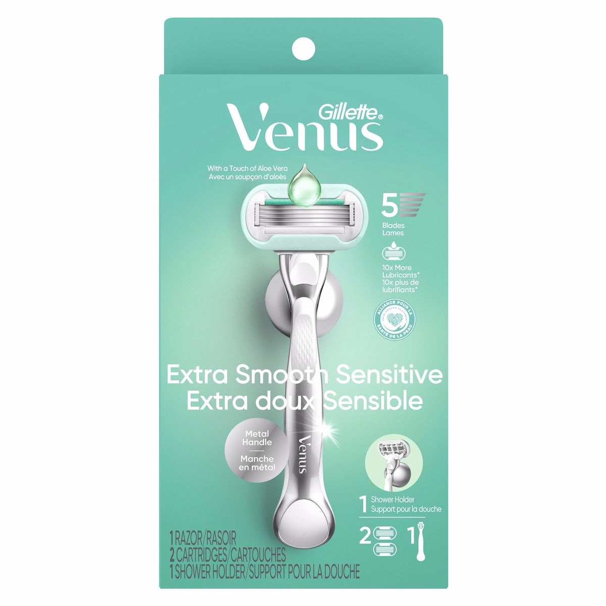 Venus 可重複使用手柄的剃鬚刀，配2 個替換刀片與淋浴掛架