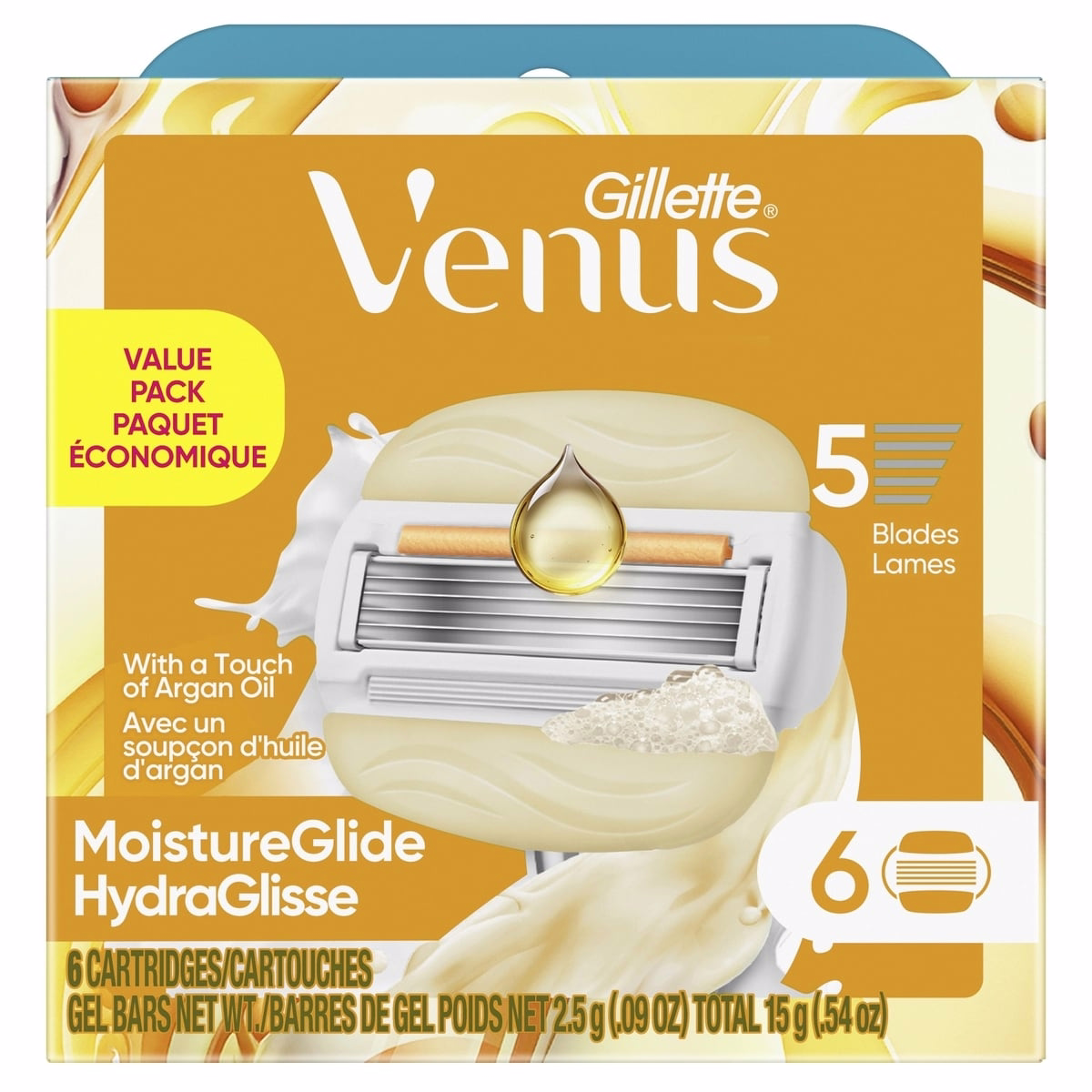 Venus MoistureGlide 女士剃毛刀片，含內建剃毛凝膠條，6片刀片補充裝